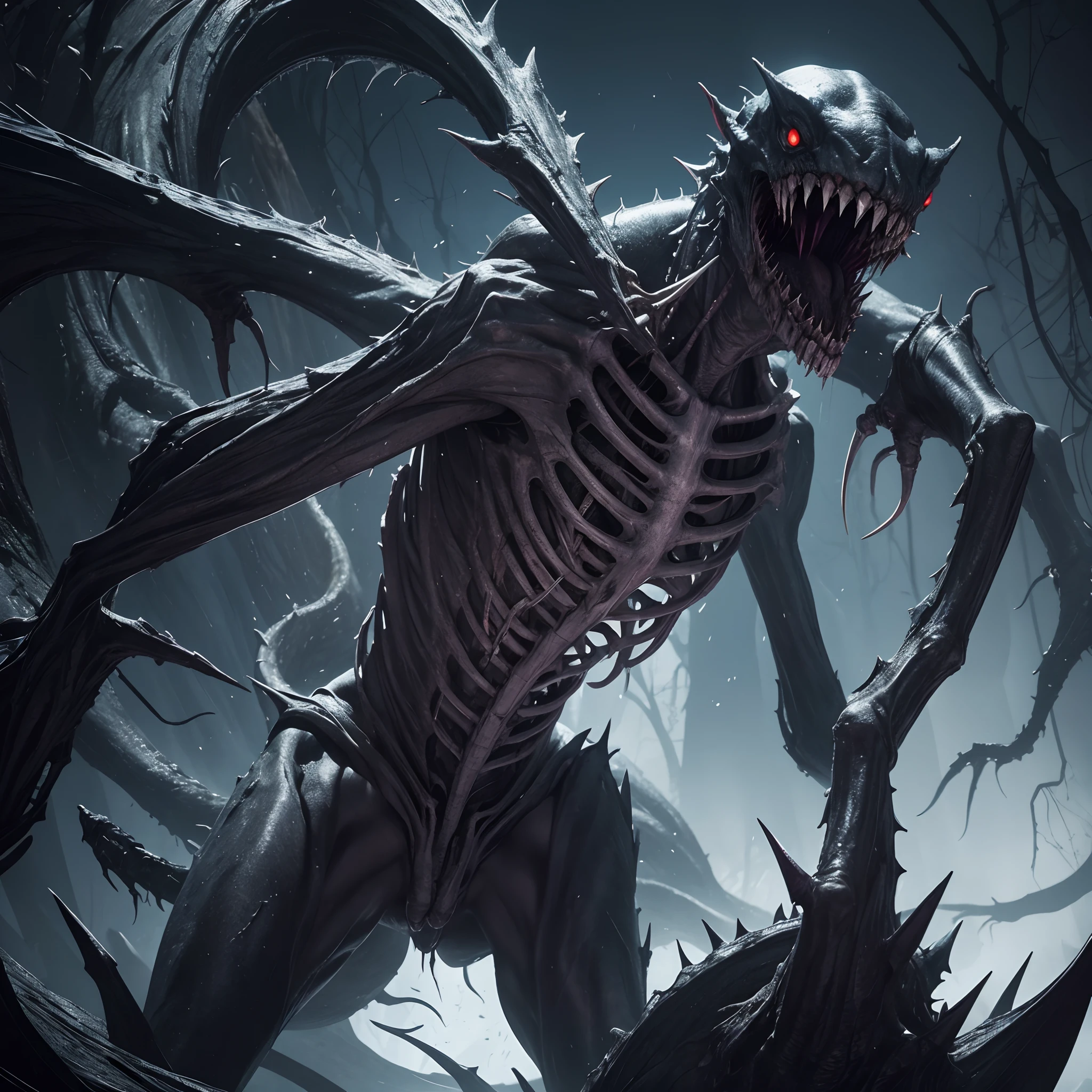 Imagine, if you will, a creature of such alien terror that it seems to have been plucked straight from the jaws of your darkest nightmares. A creature whose chilling presence is only matched by its grotesque form, a horrifying testament to the infinite possibilities of the universe and its unknown realms.

This abomination, this creature of nightmares, possesses a head of such grotesque proportion that it is almost comical, were it not so terrifying. Its head, large and oval-shaped, looms ominously atop its slender, elongated body. The head is reminiscent of an overripe melon, swollen and pulsating with an otherworldly life. It is hairless, glossy, with an iridescent sheen that catches the light in disconcerting ways. Embedded deep within this grotesque head, two soulless eyes glimmer, radiating an icy, piercing gaze that sends chills down the spine of all who dare meet its stare.

Yet, what strikes you the most is the creature's mouth - a gaping maw filled with razor-sharp teeth that glint ominously under the pale, unearthly light. The teeth are crafted for ripping and tearing, their lethal edges honed to perfection, a terrifying sight to behold, conjuring images of an insatiable hunger that knows no bounds.

The creature's body, long and slender, is a grotesque caricature of a skeletal frame. It is a horrifying exhibition of anatomy gone wrong, a mocking testament to the laws of nature and biology. The body, though slender, is unnervingly strong, each movement suggesting a predatory grace and agility that belies its skeletal appearance.

Four arms, each grotesquely elongated, sprout from its bony torso. The arms, if one could call them that, each end in a three-fingered hand, each finger tipped with a cruelly curved claw. These arms are not meant for creation but destruction, their purpose evident in their lethal design.

The creature's lower torso gives way to six spindly legs, each ending in a foot equipped with claws that are eerily similar to its hand.