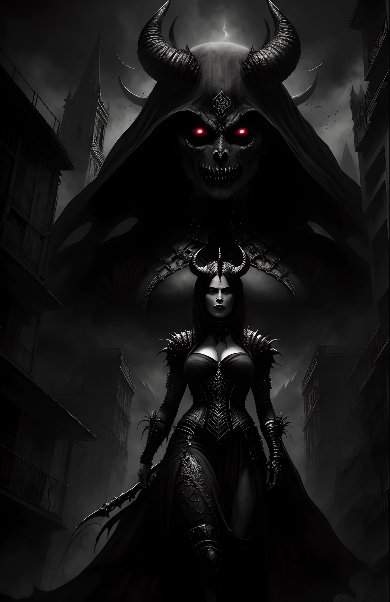 una mujer sentada en una cornisa mirando una ciudad con un demonio en el fondo, Chica demonio, Mujer demonio, Tiefling, stylized urban fantasy artwork, por Aleksi Briclot, an ominous fantasy illustration, Retrato de Demon Girl, dark fantasy artwork, guillem h. Pongiluppi, dark fantasy art, Fantasy Dark Art, dark fantasy style art