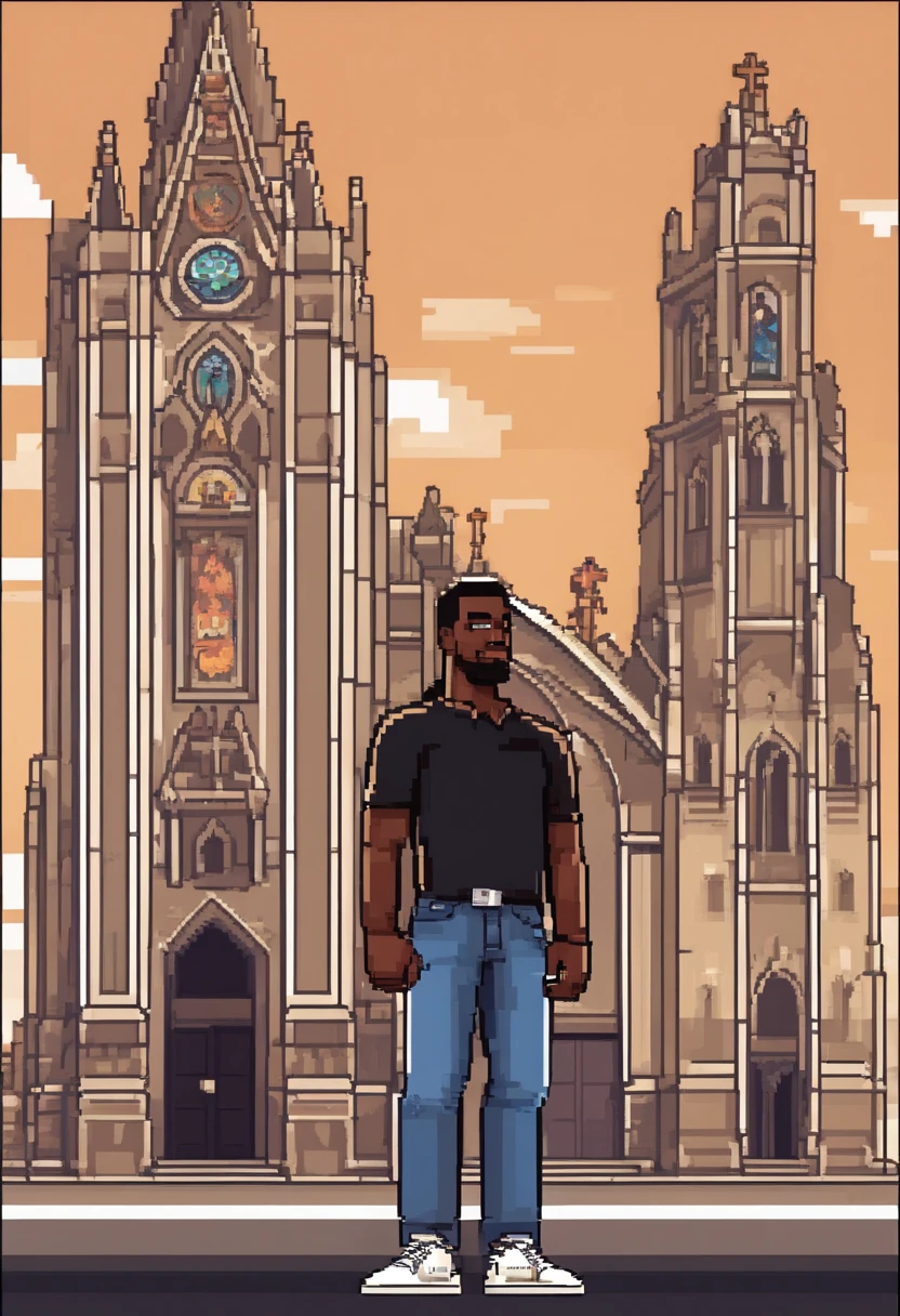 Black man with his arms crossed with a shirt saying "it's beautiful to be Catholic" standing in front of a cathedral wearing jeans and black sneakers