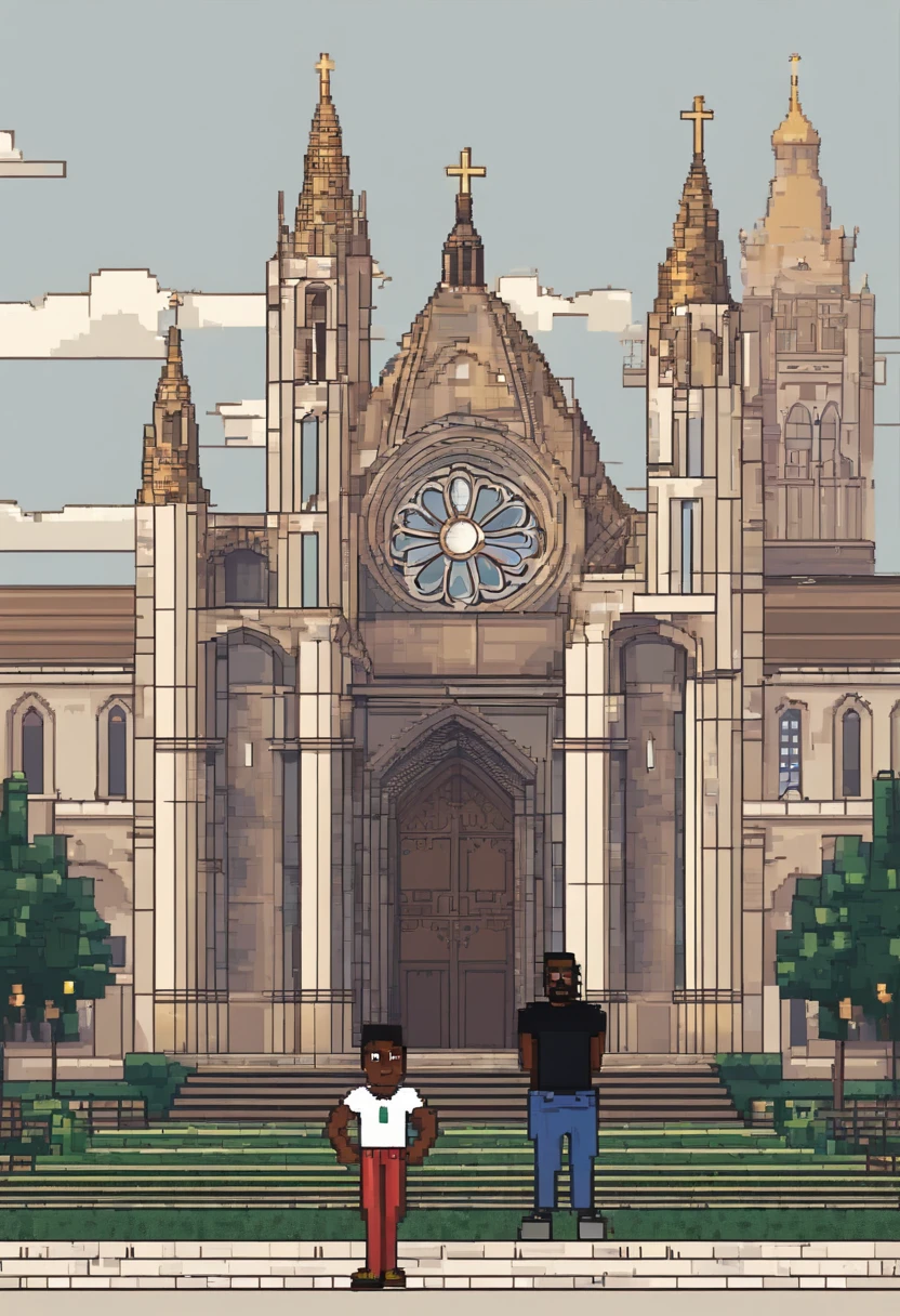 Black man with his arms crossed with a shirt saying "it's beautiful to be Catholic" standing in front of a cathedral wearing jeans and black sneakers