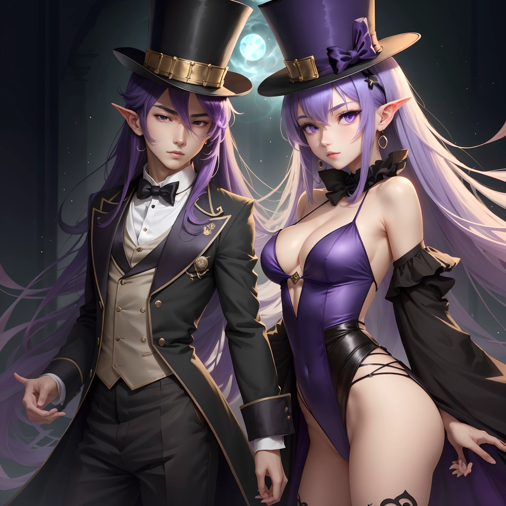 Anime style　femele　Wearing a top hat　Wearing a black magician's outfit　Short and young　ears are long and pointed,　Hair color is purple　Purple eyes　Performing magic tricks