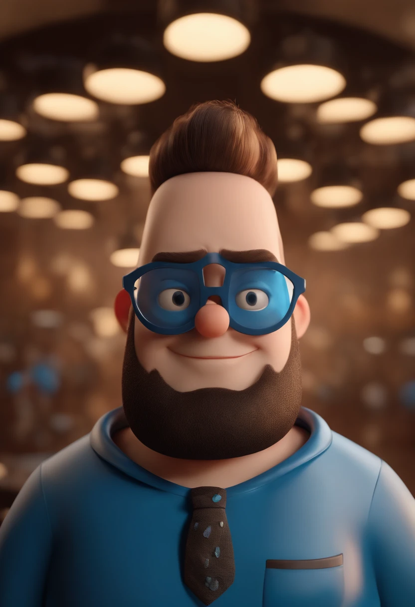 Cartoon character of a man wearing black glasses and a blue shirt, um personagem animado, Caractere estilizado, animation style rendering, 3D estilizado, Arnold Maya render, 3 d render stylized, toon render keyshot, Personagem 3D, Personagem 3D, 3d rendering stylized, 3 d character render, personagem de desenho animado, Personagem de close up, Pose de personagem, (Estilo Pixar) (master part:1.2) (Bokeh) (best quality) (pele detalhada) (textura detalhada) (8k) (argila) (Cinematic lighting) (foco nítido,Senta e vaza a parte superior do corpo