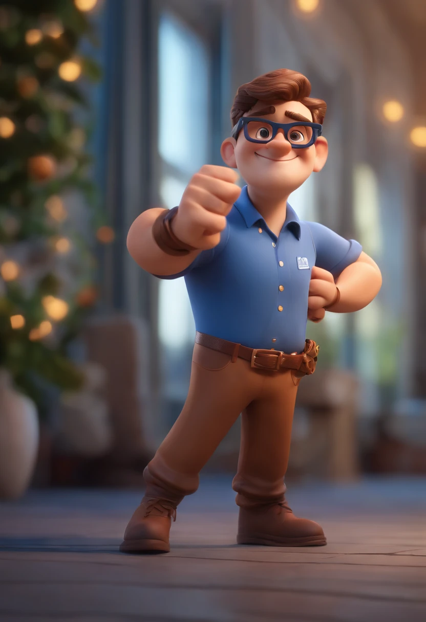 Cartoon character of a man wearing black glasses and a blue shirt, um personagem animado, Caractere estilizado, animation style rendering, 3D estilizado, Arnold Maya render, 3 d render stylized, toon render keyshot, Personagem 3D, Personagem 3D, 3d rendering stylized, 3 d character render, personagem de desenho animado, Personagem de close up, Pose de personagem, (Estilo Pixar) (master part:1.2) (Bokeh) (best quality) (pele detalhada) (textura detalhada) (8k) (argila) (Cinematic lighting) (foco nítido,Senta e vaza a parte superior do corpo