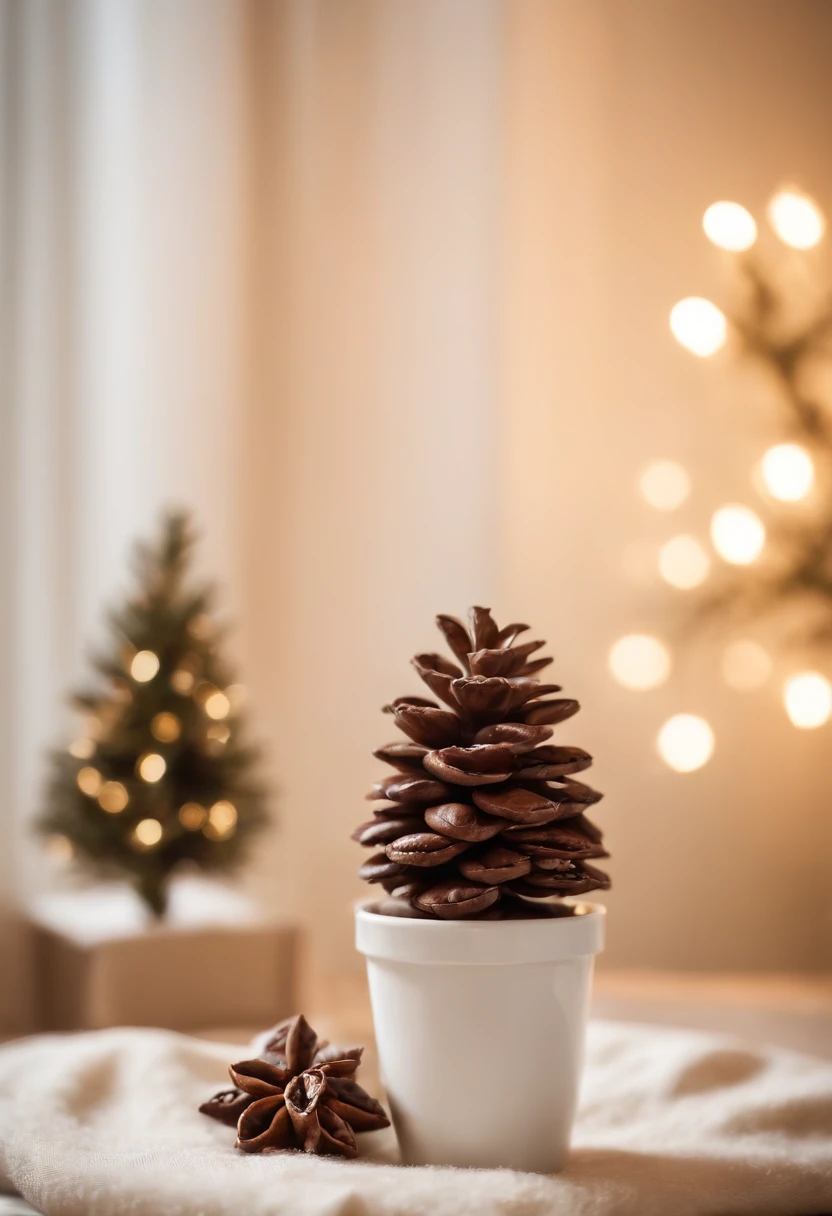 超高分辨率，Best picture quality，fotografia do produto，Christmas theme，one color background，There is a small Christmas tree in the background，There are small display boards，There are coffee beans