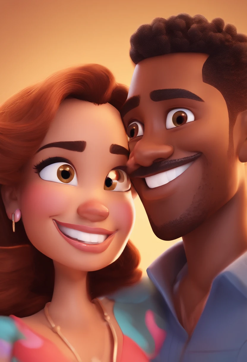 An illustration of an adorable couple, highlighting a black man and a black woman with beautiful expressive eyes - the man's skin is black and the man's hair is disguised and black, while the woman's skin is black and the woman's hair is curly and brown. They are a bright room, cada um com um sorriso no rosto, e compartilhar um momento especial caracterizado pelo amor, Insights. Illustrate this scene from a perspective where they are facing the camera, Smiling and Showing Your Connection. Desenvolva esta arte em Full HD, Focus on your cinematic touch, Estilo Disney Pixar Animations