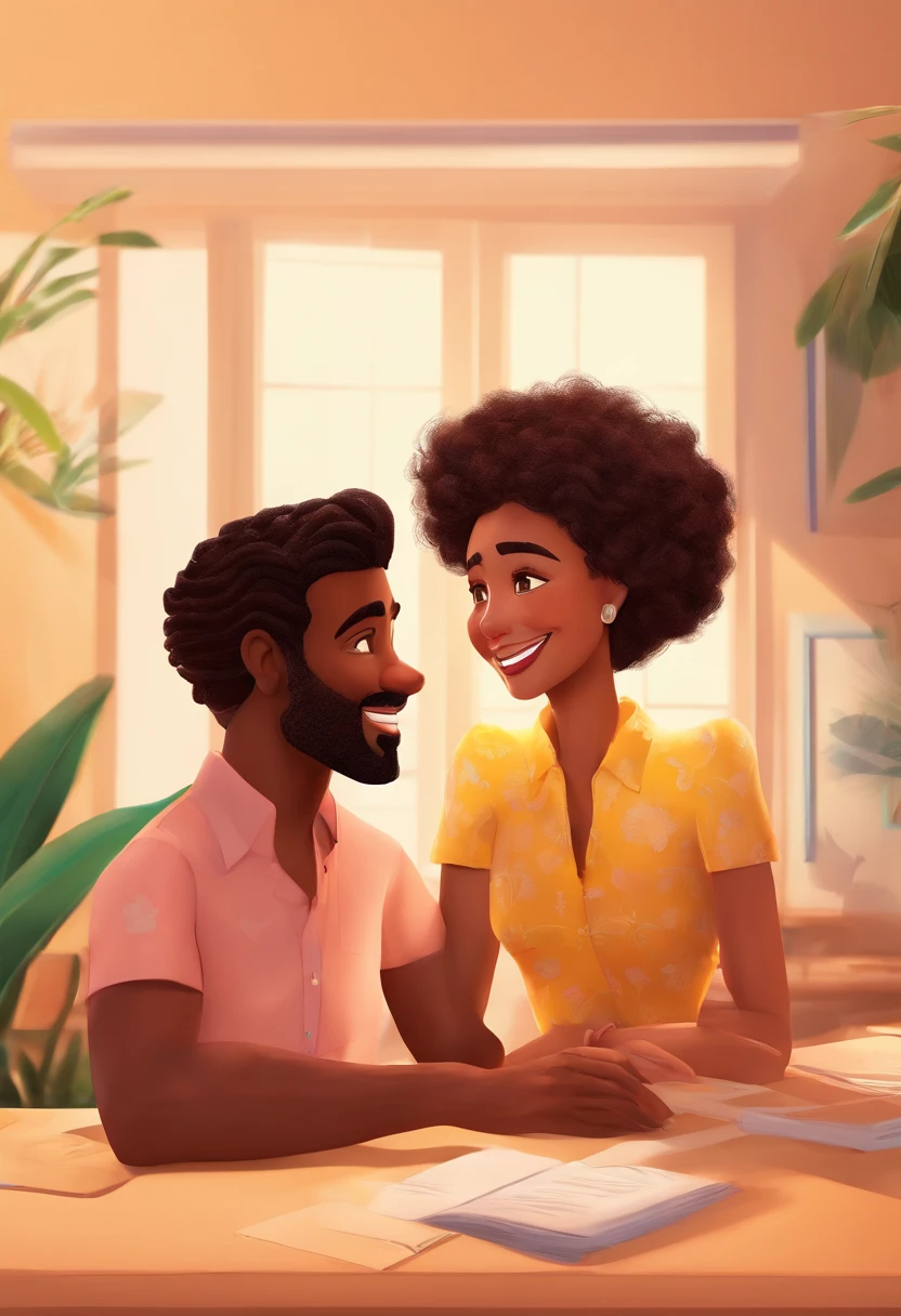 An illustration of an adorable couple, highlighting a black man and a black woman with beautiful expressive eyes - the man's skin is black and the man's hair is disguised and black, while the woman's skin is black and the woman's hair is curly and brown. They are a bright room, cada um com um sorriso no rosto, e compartilhar um momento especial caracterizado pelo amor, Insights. Illustrate this scene from a perspective where they are facing the camera, Smiling and Showing Your Connection. Desenvolva esta arte em Full HD, Focus on your cinematic touch, Estilo Disney Pixar Animations