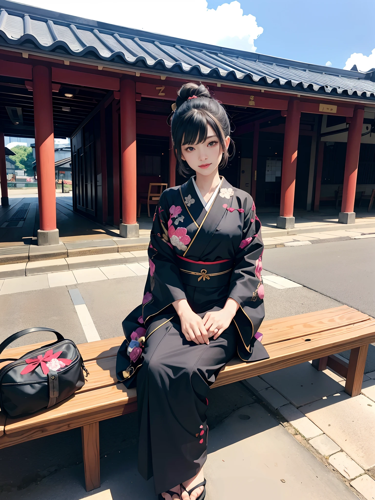 Background of details(Railway Station Platforms),BREAK ,elaborate costume(Luxurious Japan kimono(Black kimono(detailed embroidery()))),BREAK,(1 Beautiful and classy adult woman(Shy smile:1.2)(Japanese actressl:1.2)(A dark-haired:1.2(short-hair:1.2))),(eye glass:1.2),(Sitting on a bench),BREAK,Wallpapers 16K,Blur the background,)(masutepiece,Best Quality,Portrait photos):1.5),full body Esbian