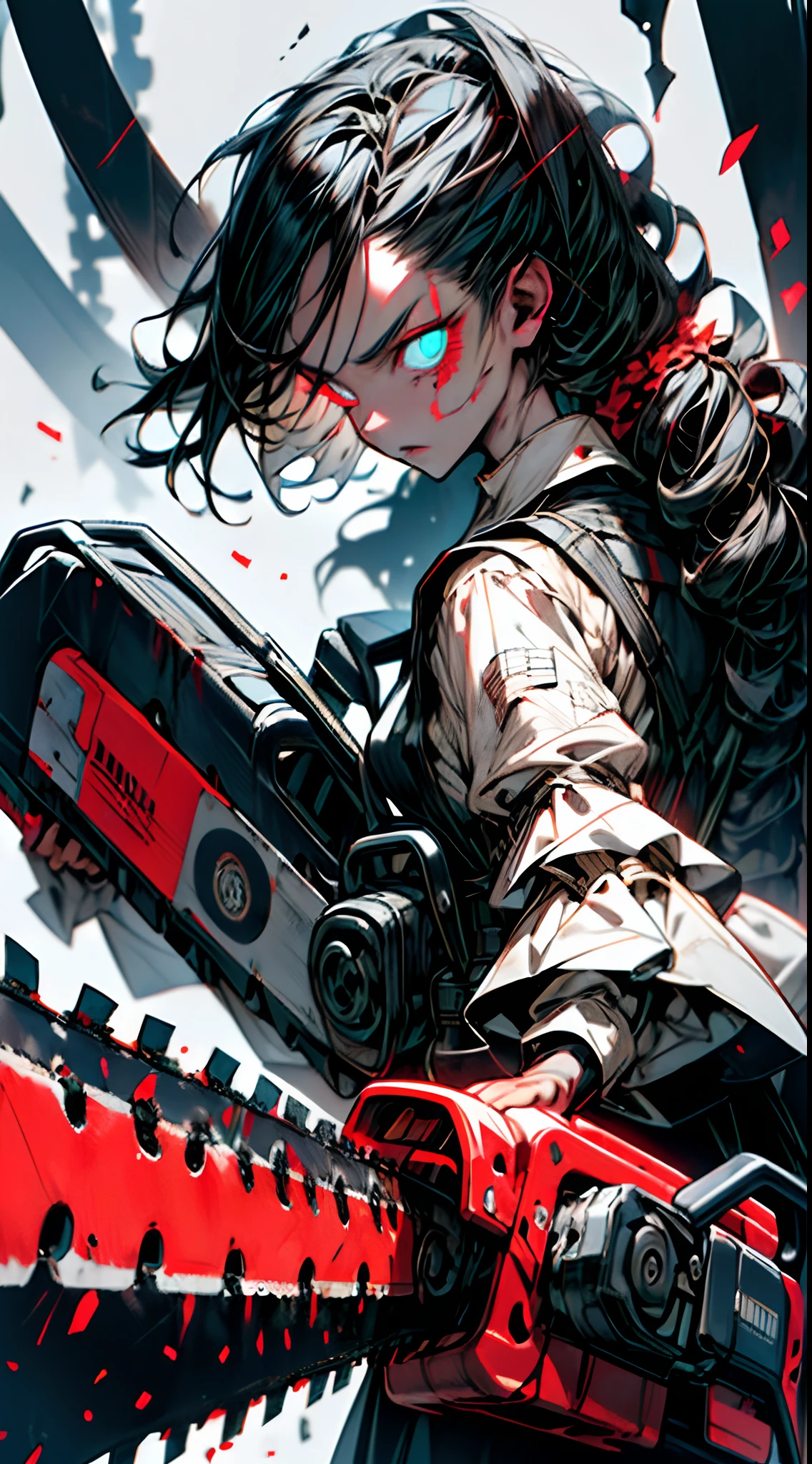 masterpiece, best quality, high quality, ultra detailed, 1girl, solo, long hair, looking at viewer, crazy, glare, glowing eyes, (((holding chainsaw))), dystopian city horror background, upper body, black hair, blood, glowing, glowing eyes , holding chainsaw, texas chainsaw girl, horror, dark atmosphere, dark fantasy, dynamic angle, dramatic shadows, (dimly lit:1.5), blood on face, (extremely beautiful and detailed face:1.2), (extremely beautiful and detailed eyes:1.2), perfect hands, delicate legs, (gothic style, death atmosphere), night time, back alley, dynamic angle, dynamic pose