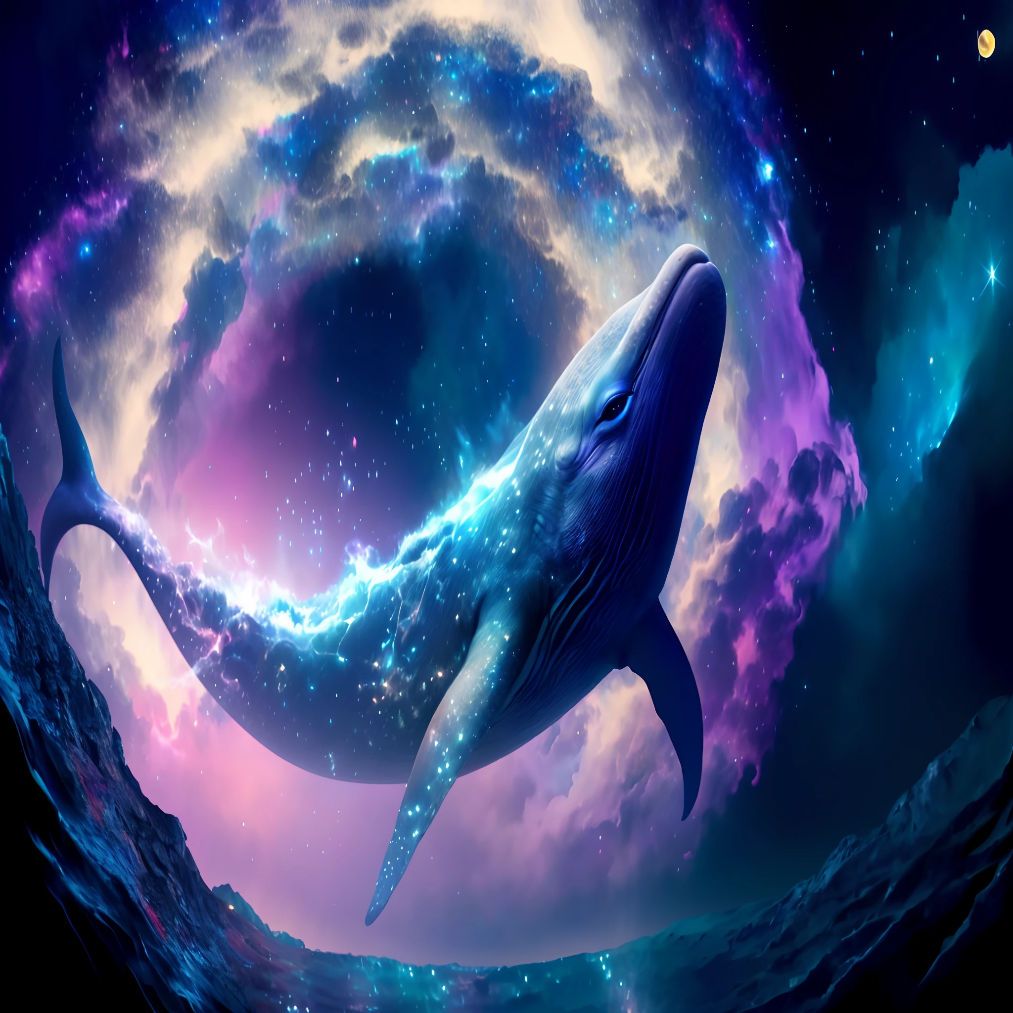 Close-up of a whale in the middle of the Milky Way, arte digital inspirada em Cyril Rolando, Unsplash, Surrealismo, galaxy whale, space magical whale, Baleia espacial, Baleia cintilante, sky whales, baleia, baleia-azul, Baleia voadora, A textura do cristal da baleia azul, Baleia voadora, amazing space creature 4 k, subreddit / r / baleia, Baleias