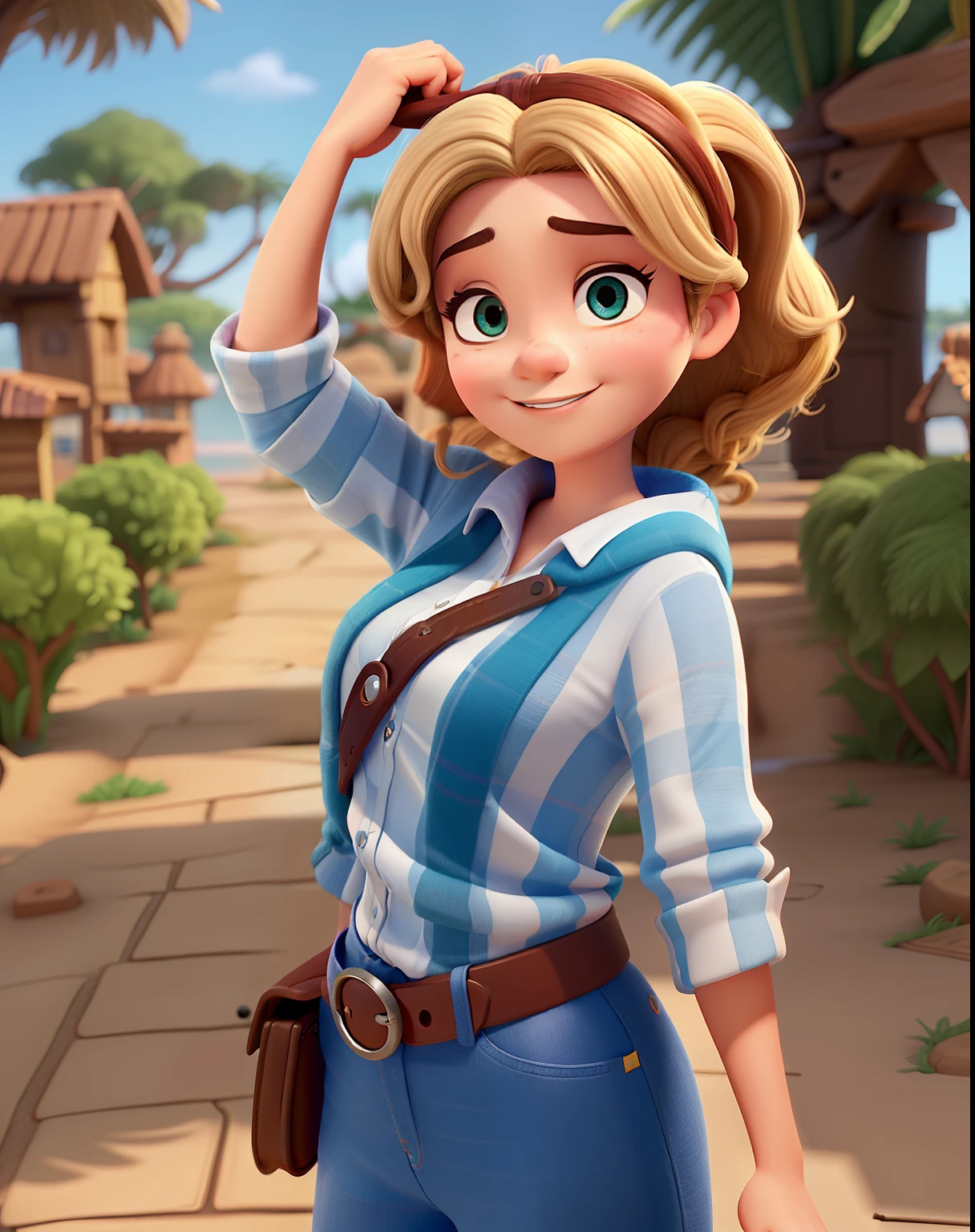 Criar um personagem IA Disney PIXAR mulher branca cabelo loiro comprido com olhos castanhos escuros tirando selfie com celular no Cristo Redentor