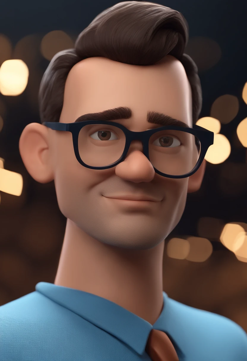 Cartoon character of a man wearing black glasses and a blue shirt, um personagem animado, Caractere estilizado, animation style rendering, 3D estilizado, Arnold Maya render, 3 d render stylized, toon render keyshot, Personagem 3D, Personagem 3D, 3d rendering stylized, 3 d character render, personagem de desenho animado, Personagem de close up, Pose de personagem, (Estilo Pixar) (master part:1.2) (Bokeh) (best quality) (pele detalhada) (textura detalhada) (8k) (argila) (Cinematic lighting) (foco nítido,Senta e vaza a parte superior do corpo