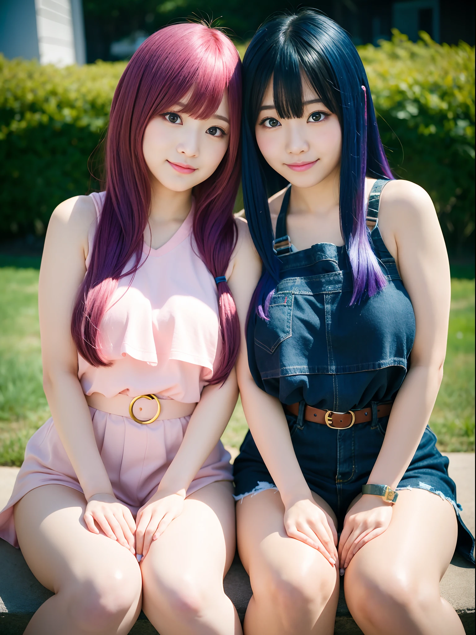 twinsies、kawaii、japanes、M-shaped legs、Big、pubick hair, Colored inner hair, makeup, Shy, blush, Smirk, depth of fields, hight resolution, Textured skin、Sheer pubic hair、Sheer、garterbelts