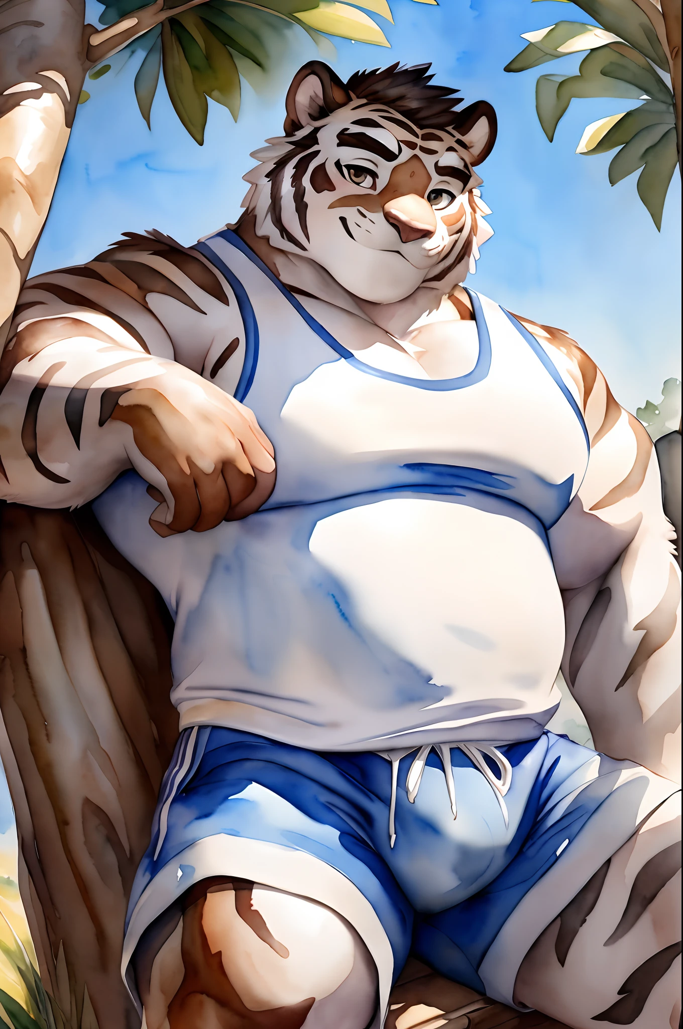 Hominidae, Pose for Camera. 4K, high resolution, Best quality, posted on e621, (Solo:1.2), Anthropomorphic white tiger, male people, old, Thick eyebrows, Light blue stripes, Strong body, large pecs, ((White tank top and shorts)), medium bulge, Pink milk clusters, Leaning under a large tree, Holding a book, grassy fields, Dappled light and shadow, (sport, Muscular, Heavyweight:1.2), ((Sit in the shade)), Solo, Correct anatomy, (White background, Watercolor background:1.1), (by Chunie, author:Taran Fidler:0.8), (Detailed eyes:1.2), Sexy, (cel-shaded:1.2), cartoon shading, (aquarelle:1.2), Smile, Be red in the face, (view the viewer:1.2), Bright eyes, Front view