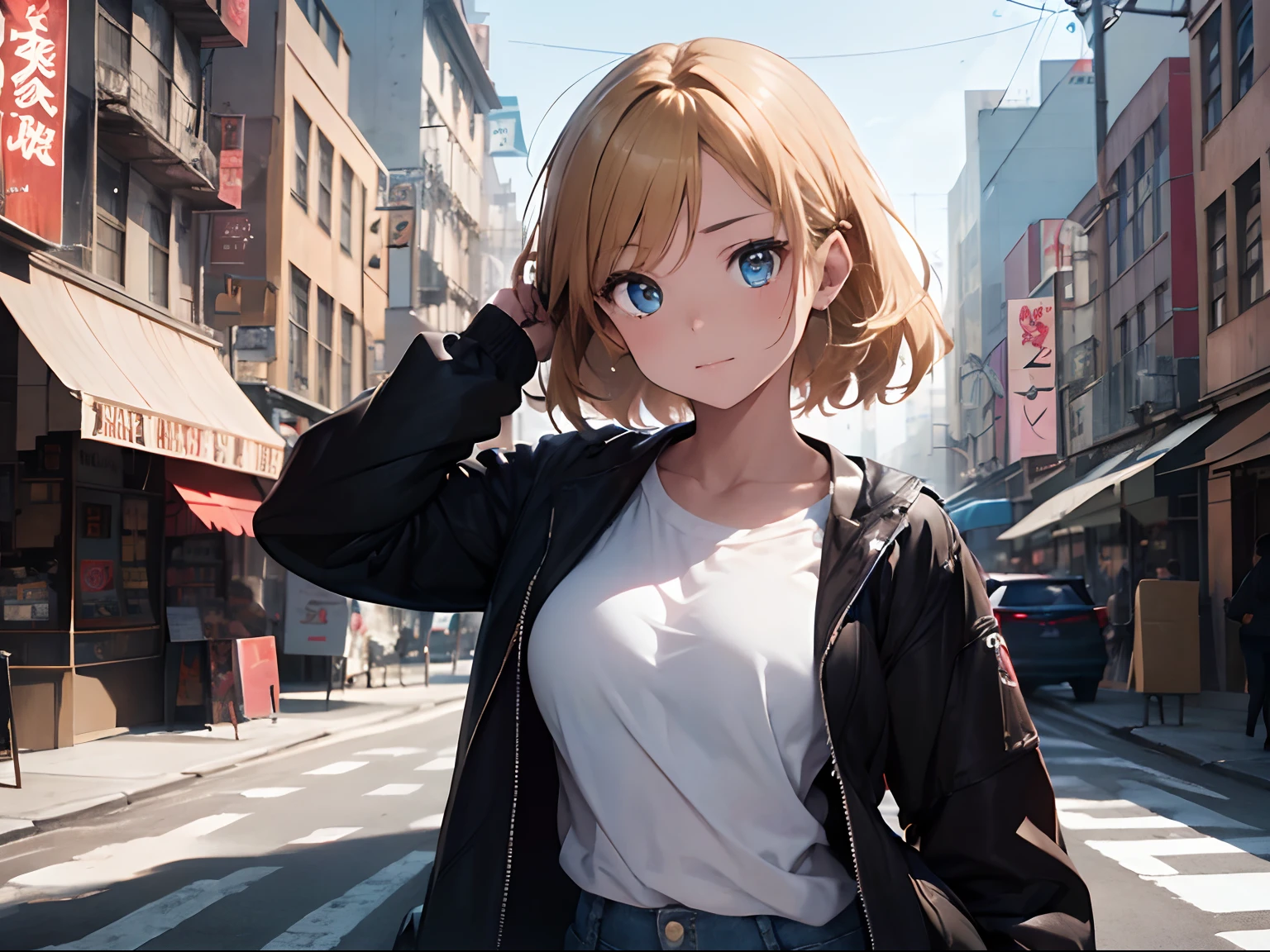 One girl,(Aya Brea), 23 years old girl, blondie hair, blue eyes, beatiful face, jeans, black boots, white T-shirt, black jacket, pistol, New York city, oil on canevas, brushstrokes, Smooth, Ultra high definition, 8K, unreal enginee 5, Ultra Sharp Focus,, ArtGerm, Roisch, nfsw, intricate artwork masterpieces, sinister, matte painting movie poster, Golden ratio, Trending on CGSociety, Convoluted, epicd, Trending on ArtStation, Highly detailed, Vibrant, production cinematic character render, Ultra high quality model