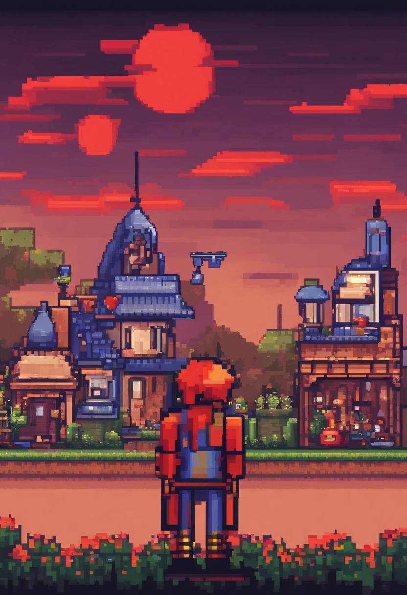 Mundo del juego. Noche. Fondo de pantalla 3D Pixel Art 4K. Incredible pixel art details. pixel-art. Pixel Art detallado de Unreal Engine del juego Terraria con un personaje Vestido de rojo con un cartel a su lado que diga PROPIEDAD DE ALEXX