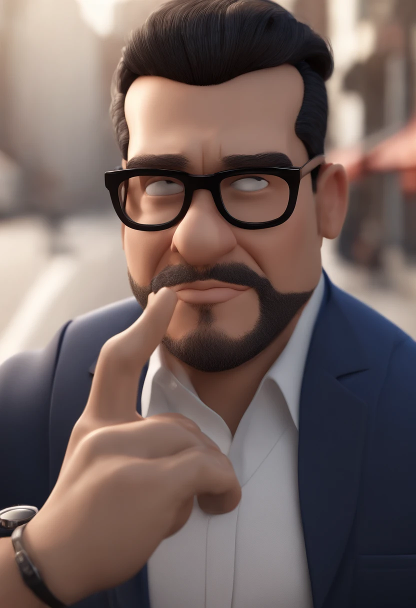 Cartoon character of a man with black glasses, cabelo cacheado marrom escuro e uma camisa azul, animation character, Caractere estilizado, animation style rendering, 3D estilizado, Arnold Maya render, 3 d render stylized, toon render keyshot, Personagem 3D, Personagem 3D, 3d rendering stylized, 3 d character render, personagem de desenho animado, Personagem de close up, Pose de personagem, (Estilo Pixar) (master part:1.2) (Bokeh) (best quality) (pele detalhada) (textura detalhada) (8k) (argila) (Cinematic lighting) (foco nítido