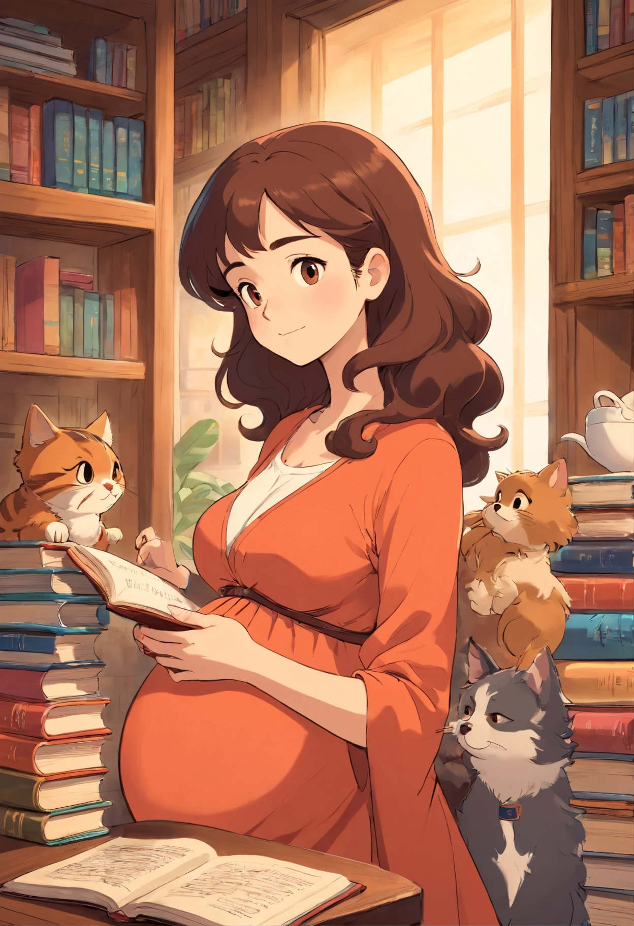 Create a Disney Pixar version of a pregnant woman, who likes books, dogs, cats and coffee. She lives in Rio de Janeiro. She is a brunete and her hair was curly and medium size.