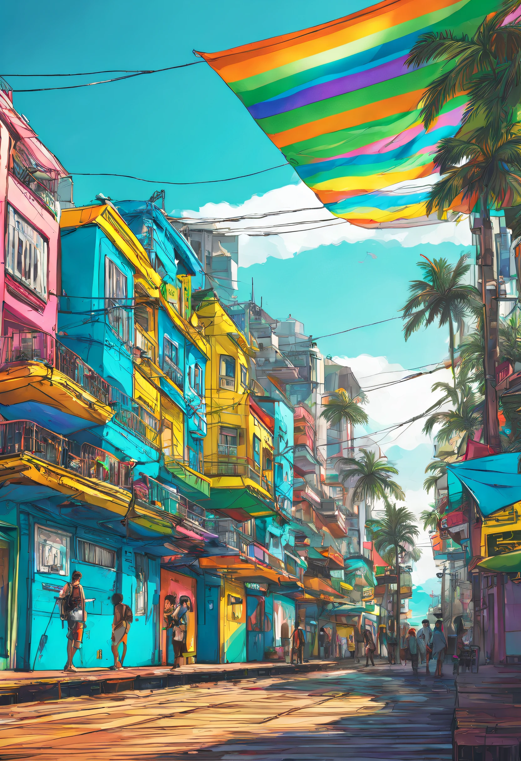 ambiental cyberpunk, cores coloridas, animification, brazil, Ipanema boardwalk, um chu I azul