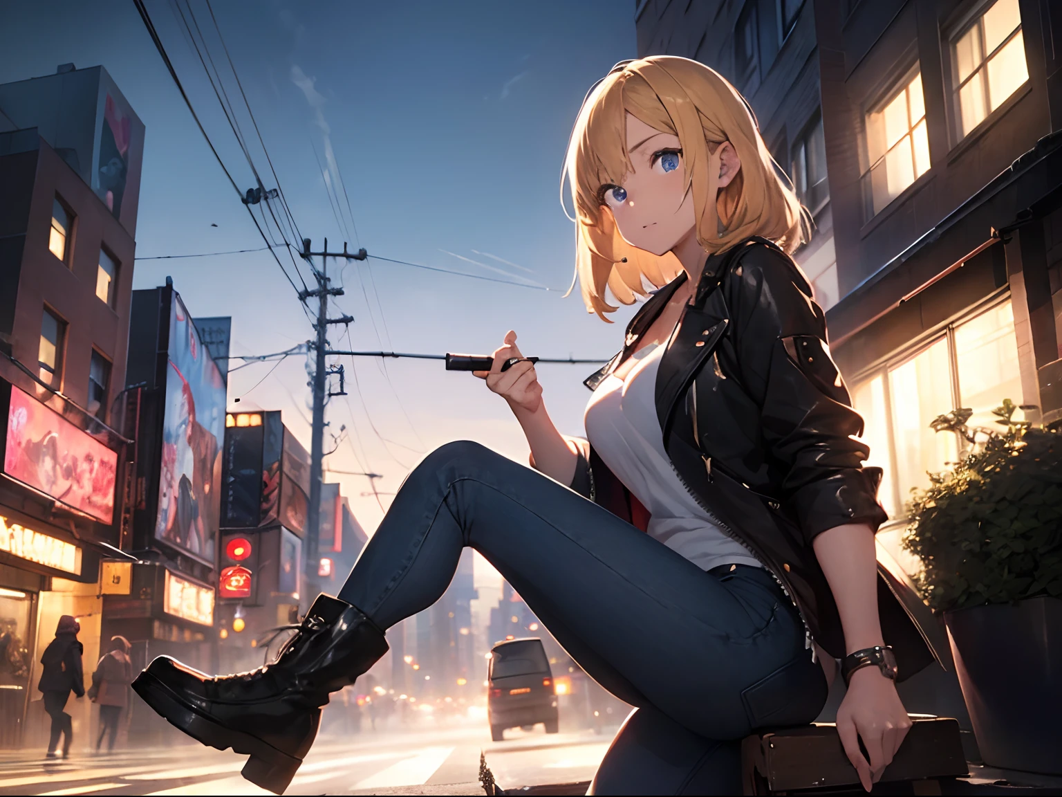 One girl,(Aya Brea), 23 years old girl, blondie hair, blue eyes, beatiful face, jeans, black boots, white T-shirt, black jacket, pistol, New York city, oil on canevas, brushstrokes, Smooth, Ultra high definition, 8K, unreal enginee 5, Ultra Sharp Focus,, ArtGerm, Roisch, nfsw, intricate artwork masterpieces, sinister, matte painting movie poster, Golden ratio, Trending on CGSociety, Convoluted, epicd, Trending on ArtStation, Highly detailed, Vibrant, production cinematic character render, Ultra high quality model