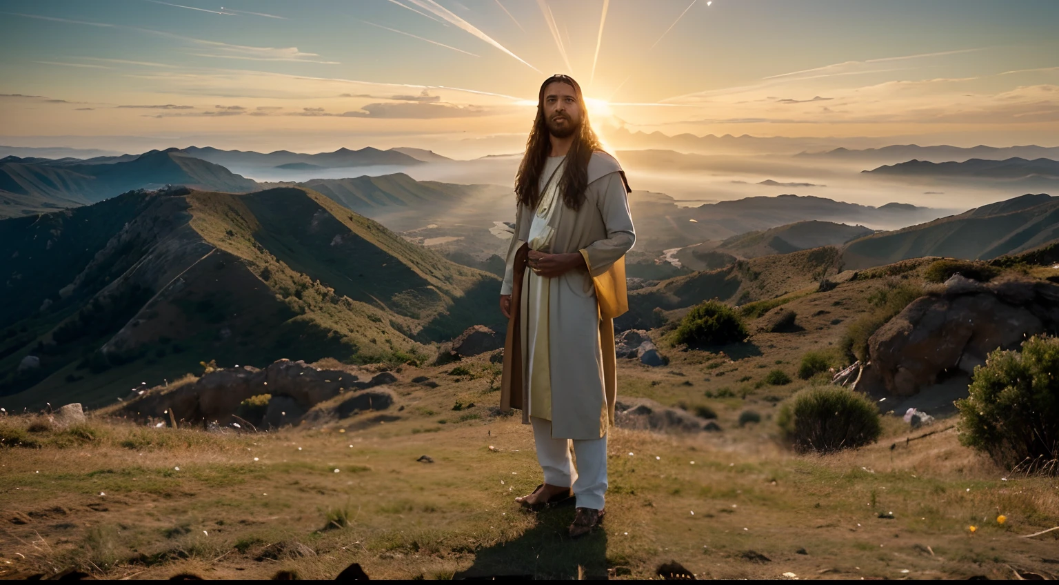 Crie uma imagem que retrate Jesus, o Filho de Deus, Standing atop a majestic hill, Bathed in the golden light of a heavenly sunset. Jesus irradia uma aura de paz e amor, com vestes brancas que parecem feitas de luz. Ao seu lado direito, is the mighty Lion of Judah, majestoso e imponente, with a golden mane that shimmers with divine strength.
The surrounding scenery is stunning, com montanhas altas, Lush green valleys and crystal-clear rivers. The sky is filled with stars and vibrant colors that paint the horizon. An atmosphere of serenity and protection envelops the scene.
The image should convey the presence of Jesus as the Prince of Peace and the Lion of Judah as the protector and guardian, in a setting that inspires awe and reverence. The combination of the natural beauty of the landscape with the divinity of the central figure creates a sense of harmony and spiritual power.
You can use your creativity to bring this divine vision to life and capture the beauty of the scene. May this image inspire and convey a message of hope and faith to those who behold it.