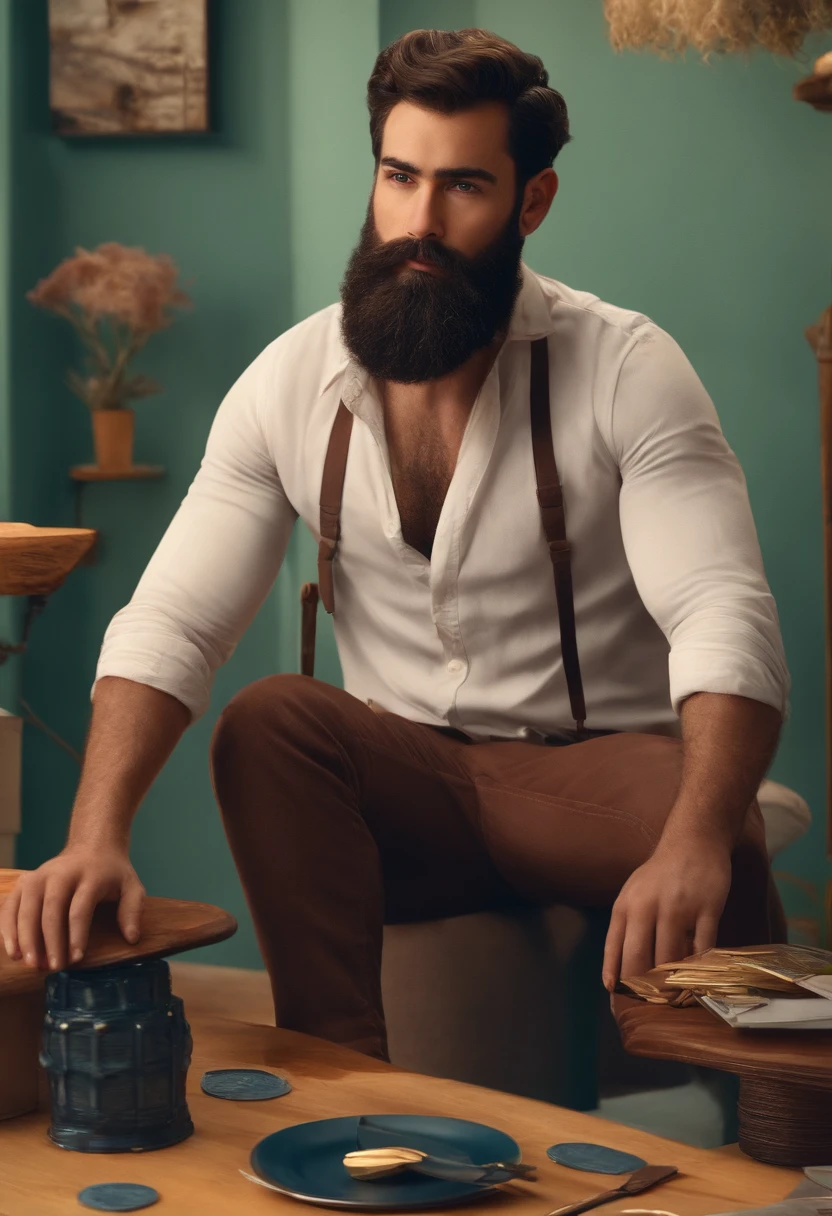 filme Oppenheimer 2023 estilo filmes Pixar, Young 30 year old man with beard and toothpick wearing shirt "Maneira de se conectar", poster, with credits