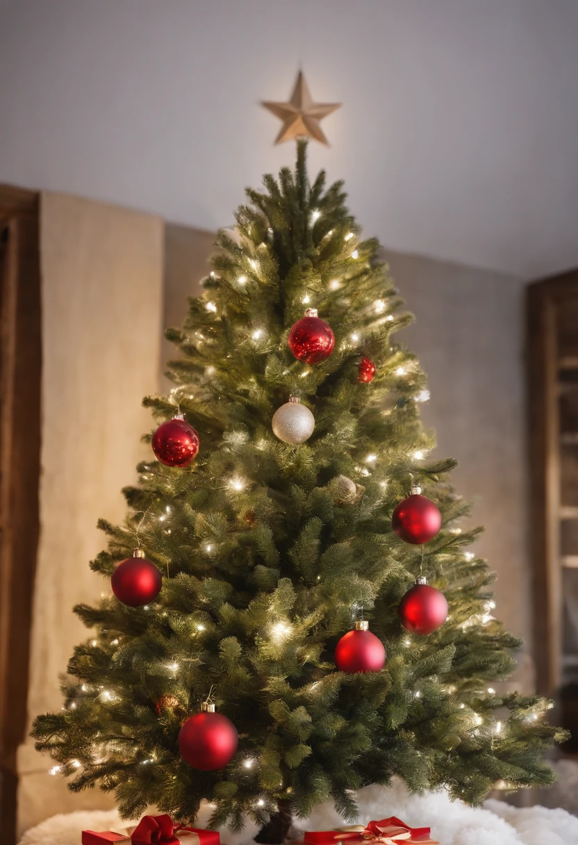 超高分辨率,Best picture quality,fotografia do produto,Christmas theme,one color background,Little Christmas tree,Top angle of view