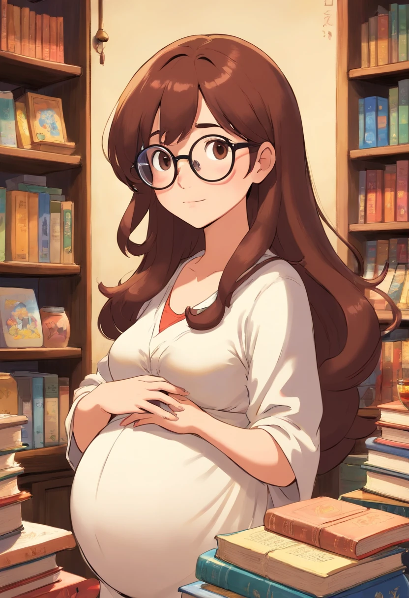Create a Disney Pixar character version of a pregnant woman, who likes books, dogs, cats and coffee. She lives in Rio de Janeiro. She wear glasses. She is a brunete and her hair was curly and medium size.