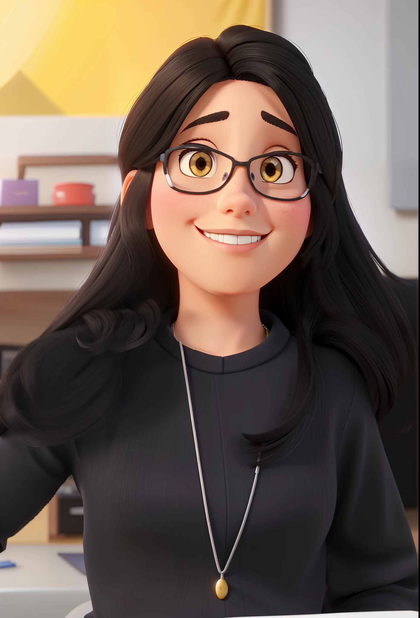 A brunette woman black hair Pixar animation style in high quality