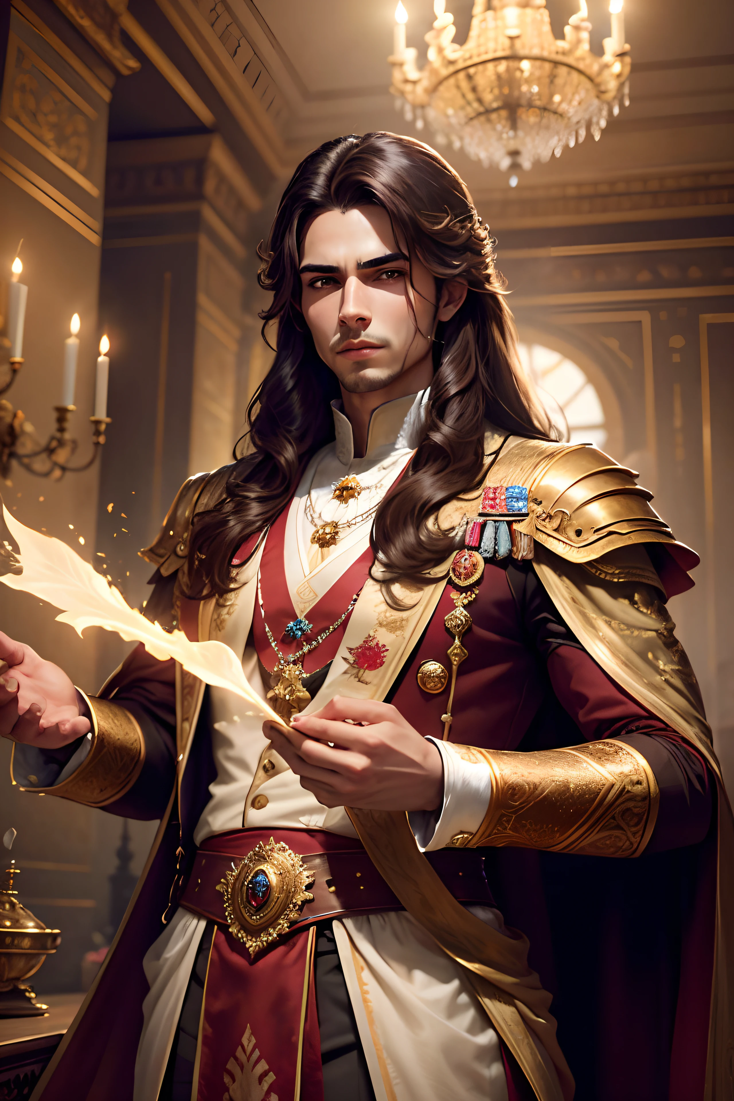 young prince in a palace, luxury royal palace, volumetric lighting, 8k resolution, photorealistic, ultra-high quality, opulent detailed background, long dark brown hair, wearing a fancy royal indian battle armor, fierce, attacking