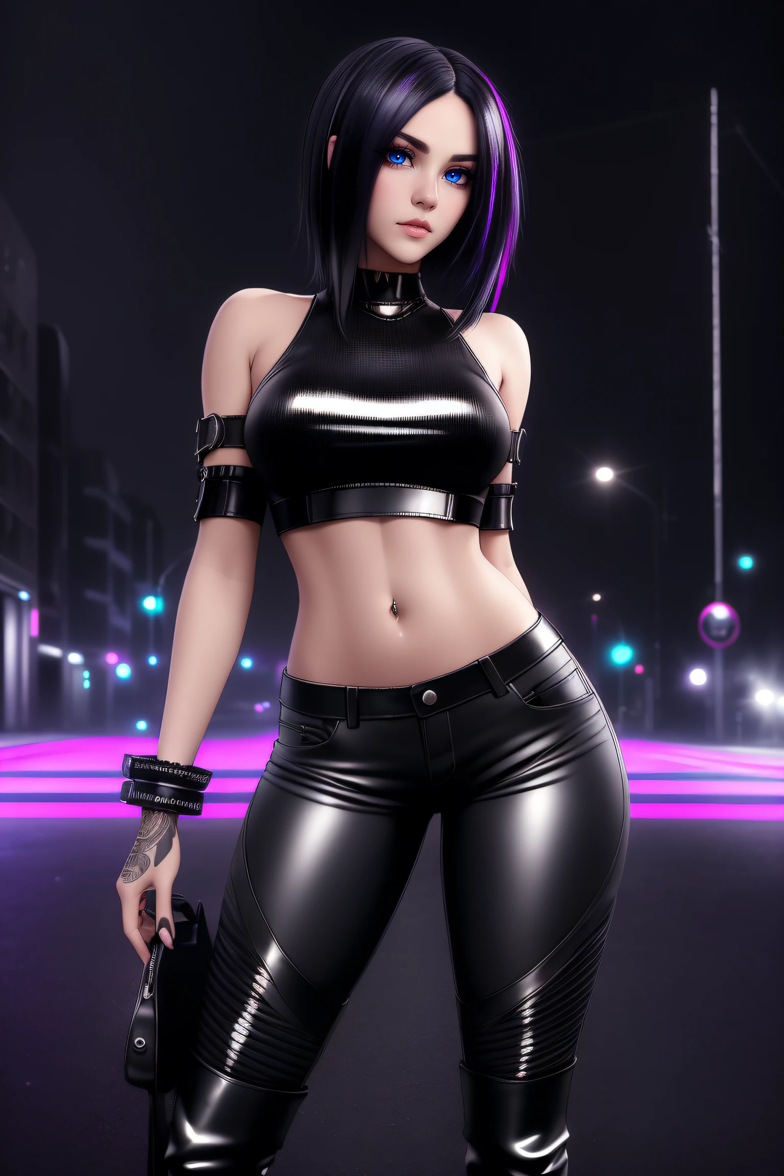 beautiful girl, ((standing:1.4)), (confident gaze:1.1), full body, short bright neon streaked black hair, ((realistic highly detailed eyes:1.4)), ((seductive pose:1.2)), black eyeshadow, (street style wear:1.2), ((tight fitted pants)), ((knee high leather boots)), (dark city night black background:1.4), dark makeup, digital art, trending on artstation, highly detailed, fine detail, intricate, detailed facial features, sharp focus, smooth, aesthetic,