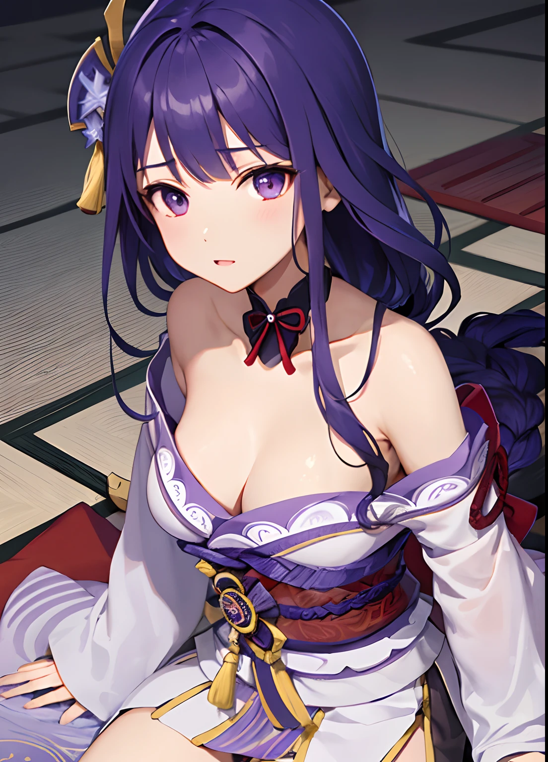 raidenshogundef, looking at viewer, facing viewer, lying down, calm