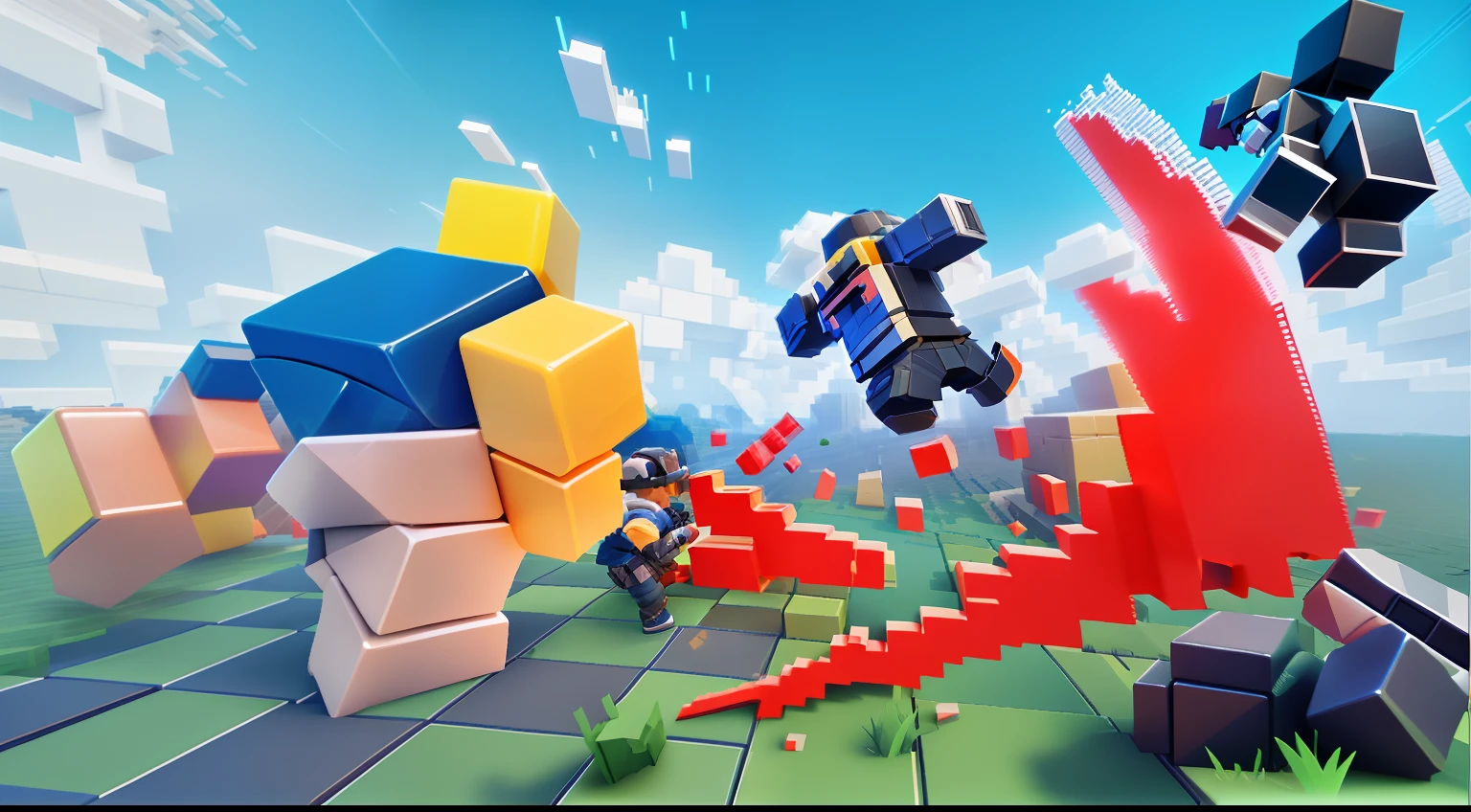 There are two people playing with guns and blocks, Blocky, Sharp and blocky shape, Brock Tober, pc screenshot, intense battles, 3 d game, virtual reality game, blocky shape, Intense combat, side scroller game, action scene screenshot, 2 d game, videogame still, 3d game art, 3d game art, brutal fight