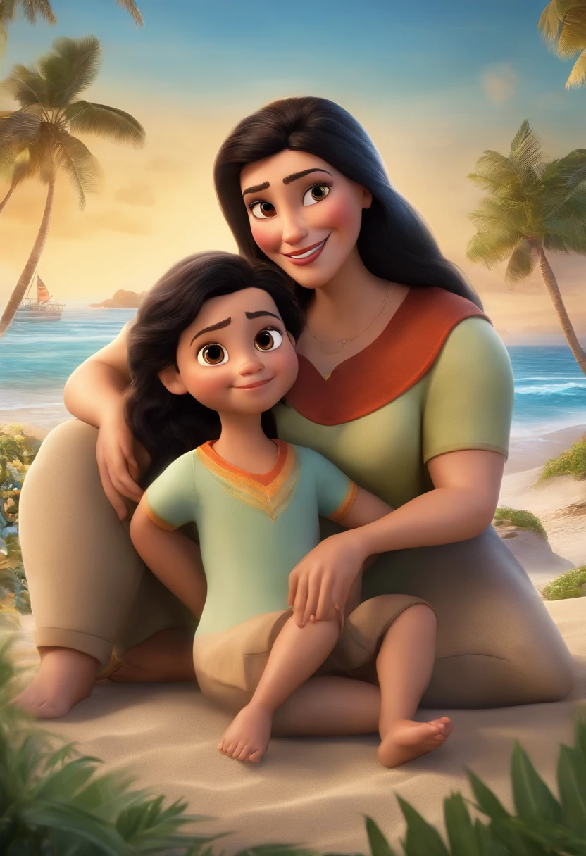 a Disney Pixar movie poster showing white-skinned mother and son. The mother has round face, brown eyes, straight and long black hair with the tips brushed out The boy is 4 years old and has brown hair, roupa azul com estampa de sinossauro. The background is a beach garden. 3D-rendering