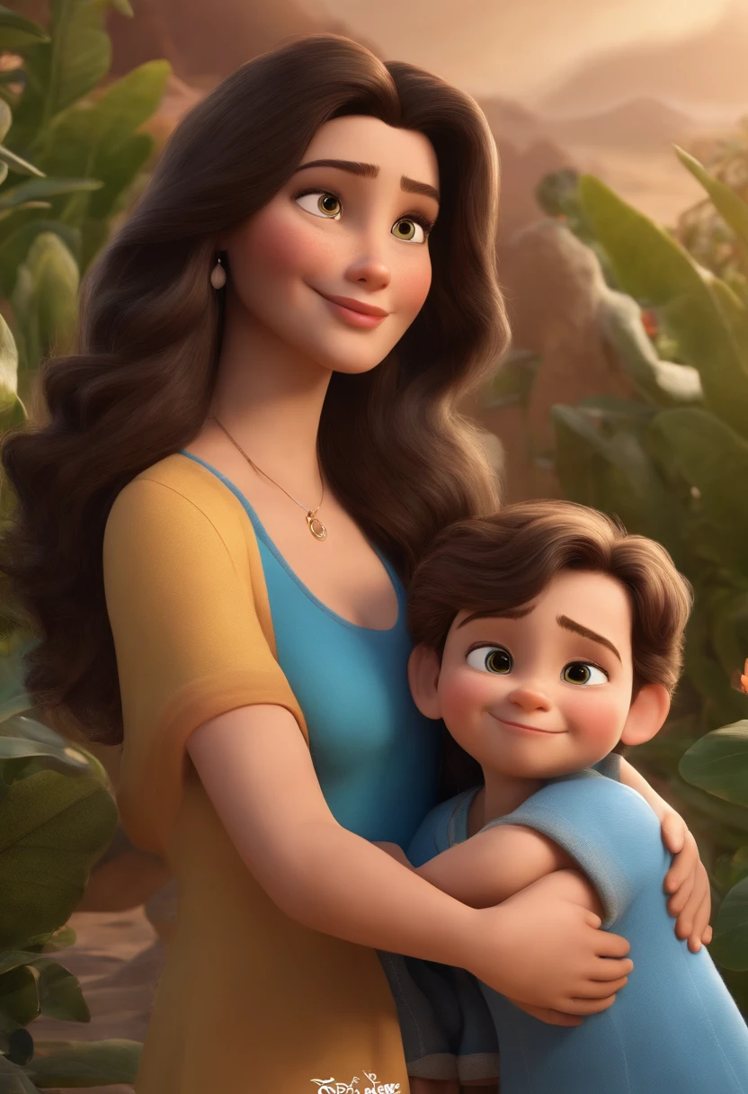 garoto: Miguel, aproximadamente 5 anos, cabelo curto estilo Disney, olhos castanhos e sorrindo. garota: Giovana, 2 anos de idade, longos cabelos pretos e olhos azuis. scenario: Miguel and Giovana are in a cozy little house in the valley, ao fundo um dia ensolarado, destacando o sol.