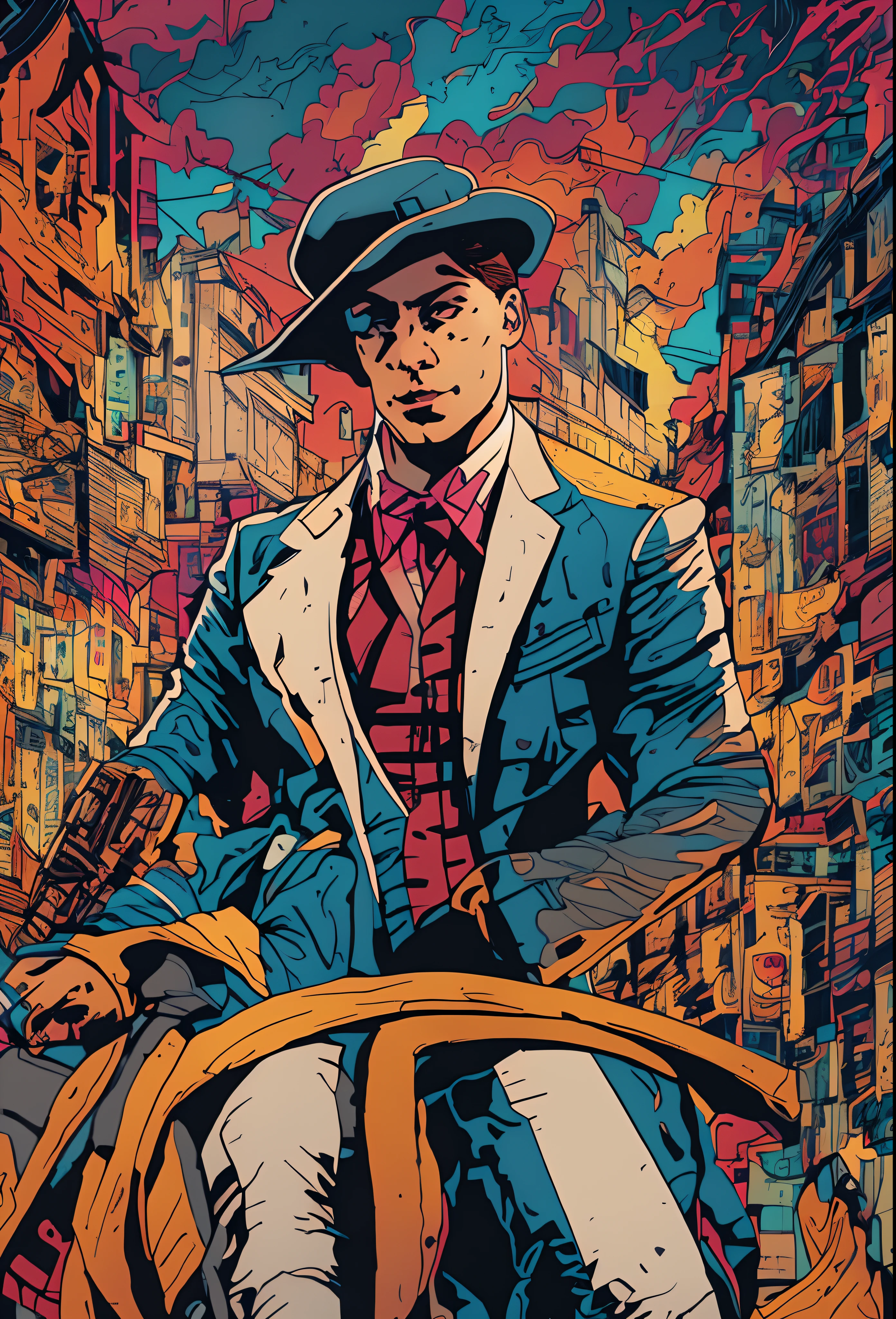 Painting of a Man in Suit and Hat Riding a Horse, in style of digital illustration, Highly detailed vector art, Portrait de Martin Ansin, Street Art 8 K, colourful movie art, inspired by Max Magnus Norman, inspired by Frank Xavier Leyendecker, in the style of digital painting, Works of art of very high quality, inspired by Marius Borgeaud