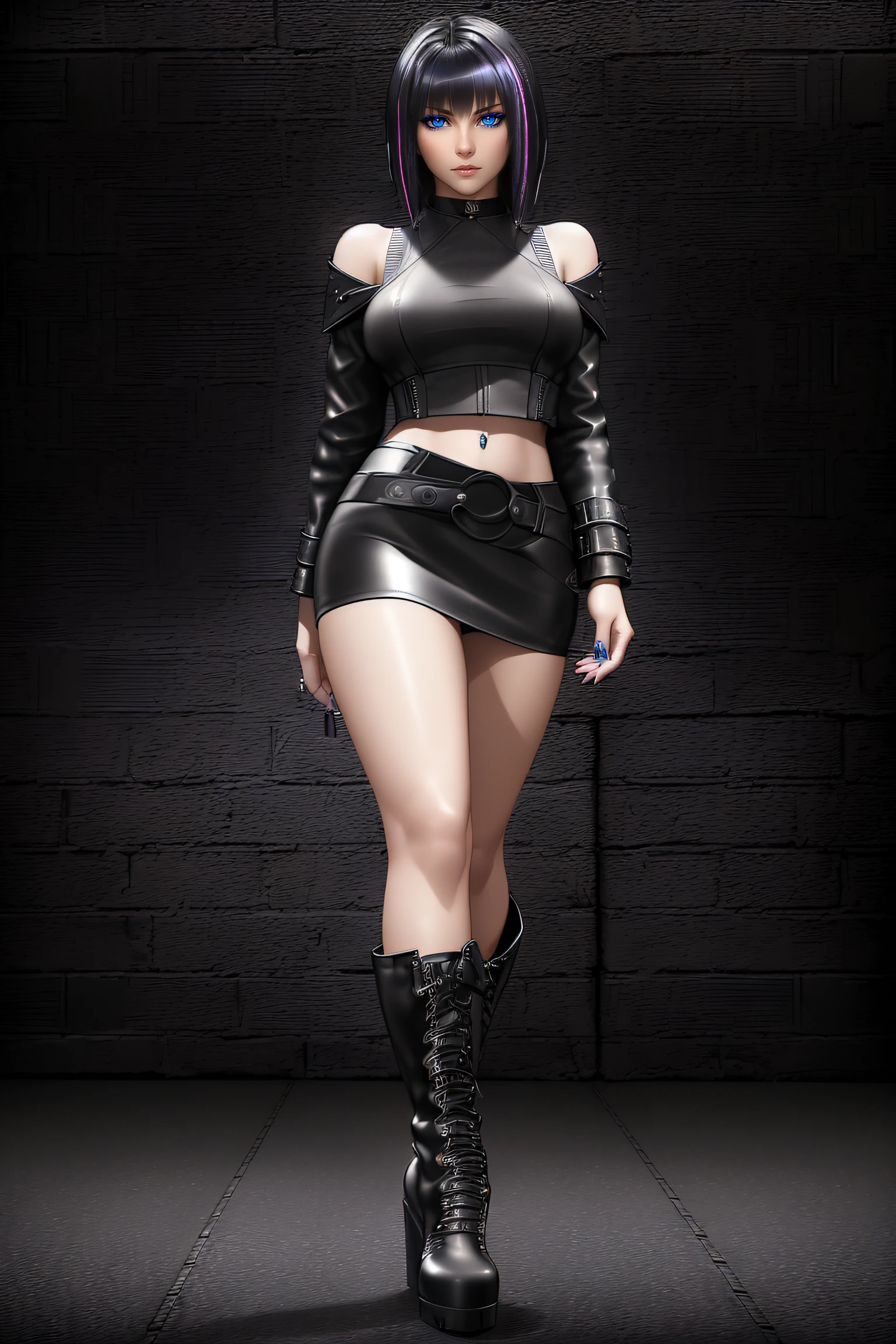 beautiful girl, ((standing:1.4)), (confident gaze:1.1), full body, short bright neon streaked black hair, ((realistic highly detailed eyes:1.4)), ((seductive pose:1.2)), black eyeshadow, (street style wear:1.2), ((short skirt)), ((knee high leather boots)), ((dark plain black background:1.4)), dark makeup, digital art, trending on artstation, highly detailed, fine detail, intricate, detailed facial features, sharp focus, smooth, aesthetic,