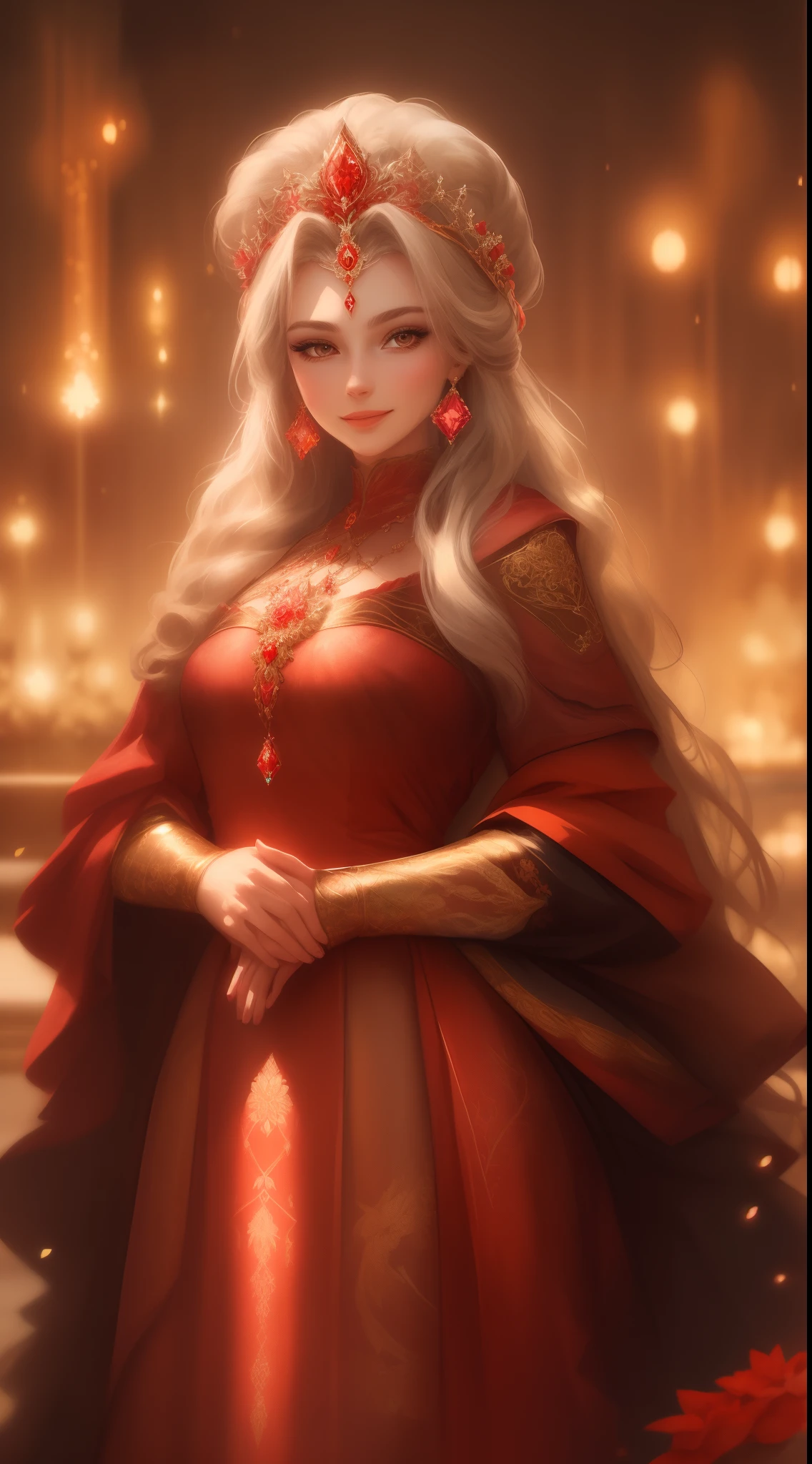 Apparent age: 18 yearsAppearance: Celeste is a young woman with wavy white hair that falls to her waist.. Your amber eyes shine brightly, standing out on your delicate face. Your skin is pale and flawless, with light freckles and a soft scar on her cheek, adding intensity to your deep gaze.vestimentas: Celeste wears a long red silk tunic, fitted with a golden belt decorated with flame and phoenix emblems. The tunic has gold embroidery along the sleeves and hem., representing moving flames. Accessories include a gold tiara with red gems, gold and ruby phoenix earrings, and gold bracelets with flame details.layer: Its light, shiny cover is made from fine fabric that sparkles like fire, red with gold edges and flame patterns that look alive.Scenario: Celeste is in the grand throne room of the Ignis palace, a vast environment with high ceilings and phoenix murals. The walls have tapestries depicting the family's history and their connections to the phoenix.. The room is lit by torches and braziers, with a majestic golden throne inlaid with red precious stones and decorated with the symbol of the phoenix. The floor is covered in red and gold carpets, and dark wood furniture with gold accents reflects the flame and phoenix theme.Position: Celeste is standing next to the throne, in a confident and graceful posture, reflecting your royal lineage and special gifts. His tunic and cape stand out, giving the impression that she is enveloped in living flames.