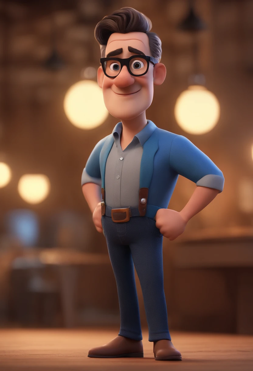 Cartoon character of a man with black glasses and a blue shirt, animation character, Caractere estilizado, animation style rendering, 3D estilizado, Arnold Maya render, 3 d render stylized, toon render keyshot, Personagem 3D, Personagem 3D, 3d rendering stylized, 3 d character render, personagem de desenho animado, Personagem de close up, Pose de personagem,  (Estilo Pixar) (master part:1.2) (Bokeh) (best quality) (pele detalhada) (textura detalhada) (8k) (argila) (Cinematic lighting) (foco nítido