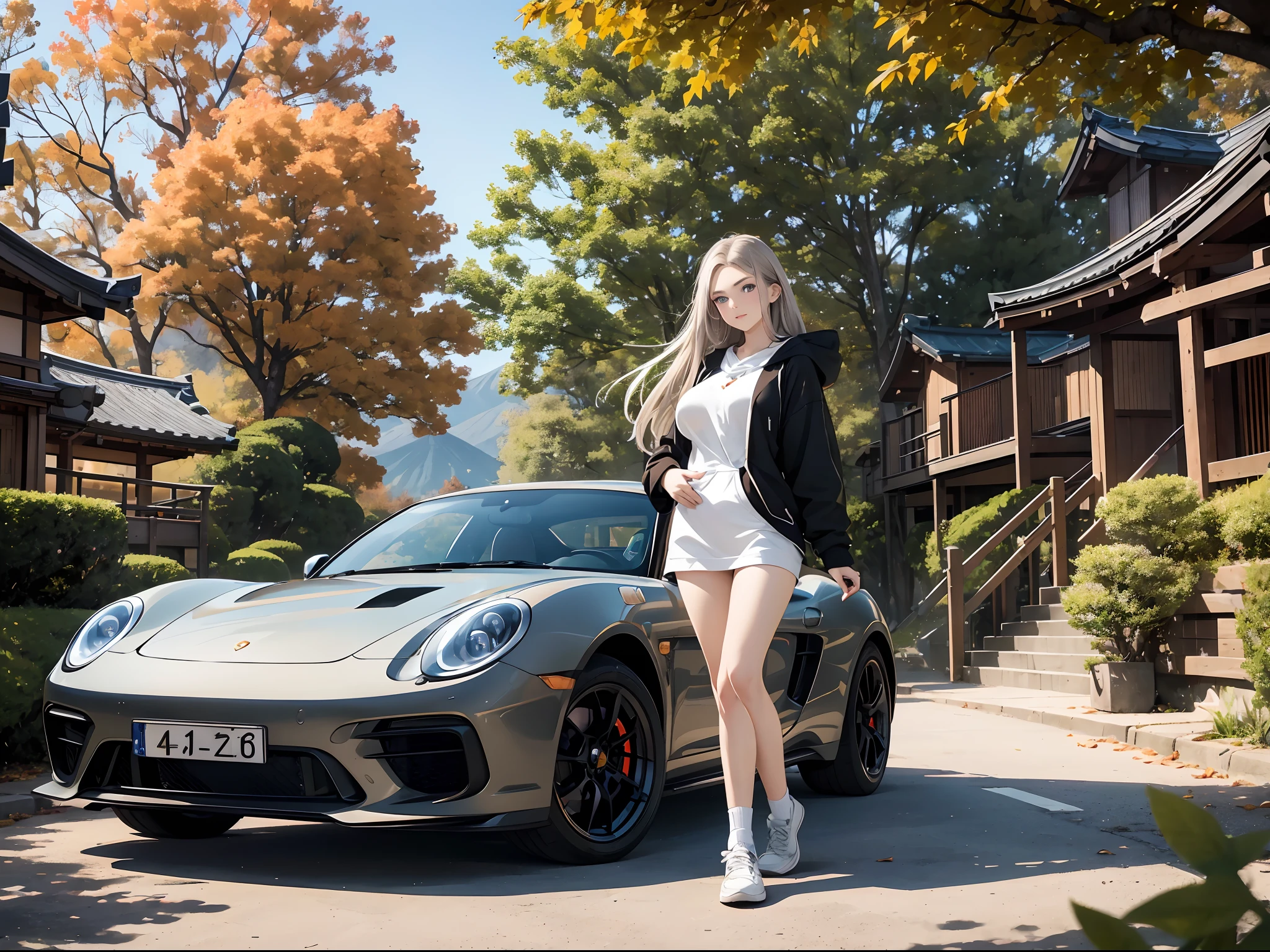 beautiful young american girl, long light brown straight hair, blue eyes, pale skin, bold eyebrows, looking at viewer, full body view, girl wearing tight black long sleeve and tight black pants, autumn, fall day, trees with orange leaves, japan village, japanese house, 16k, HDR, highres, ray tracing, RTX, ultra realistic, best quality, full body image, perfect body, big boobs, perfect anatomy, 1girl, vintage Porsche in background, mountain road, single girl