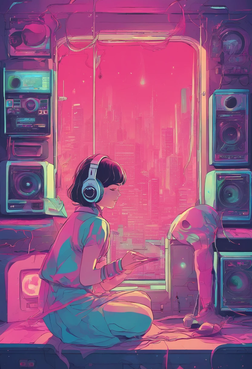 Girl listening to music in cozy room at night, Use headphones, 2D style anime, lo fi, Rain outside the window、Analog Color Theme、ghibuli style、