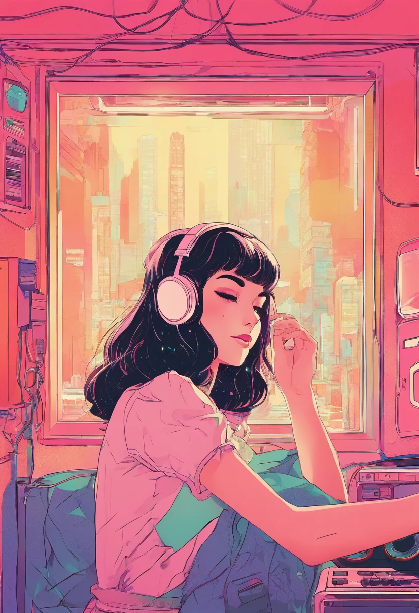 Girl listening to music in cozy room at night, Use headphones, 2D style anime, lo fi, Rain outside the window、Analog Color Theme、ghibuli style、
