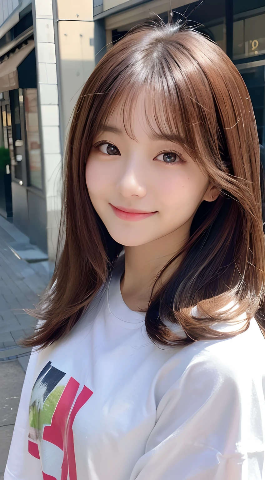 (top-quality,8K picture quality,masterpiece:1.3,),(超A high resolution:1.3,Photorealsitic:1.4,Raw photography:1.2),(ultra-detailliert:1.2,shinny skin,Detailed skin:1.1),(Detailed face,Perfect Anatomy,Caustics),1人,kawaii,japanes,22year old,Japanese ido,Natural brown hair,shoulder length hair,Pretty eyes,natural make up,Oversized T-shirt,a smile,Looking at the camera,up on the face,Face Focus,street corner,Professional Writing,natural soft light,