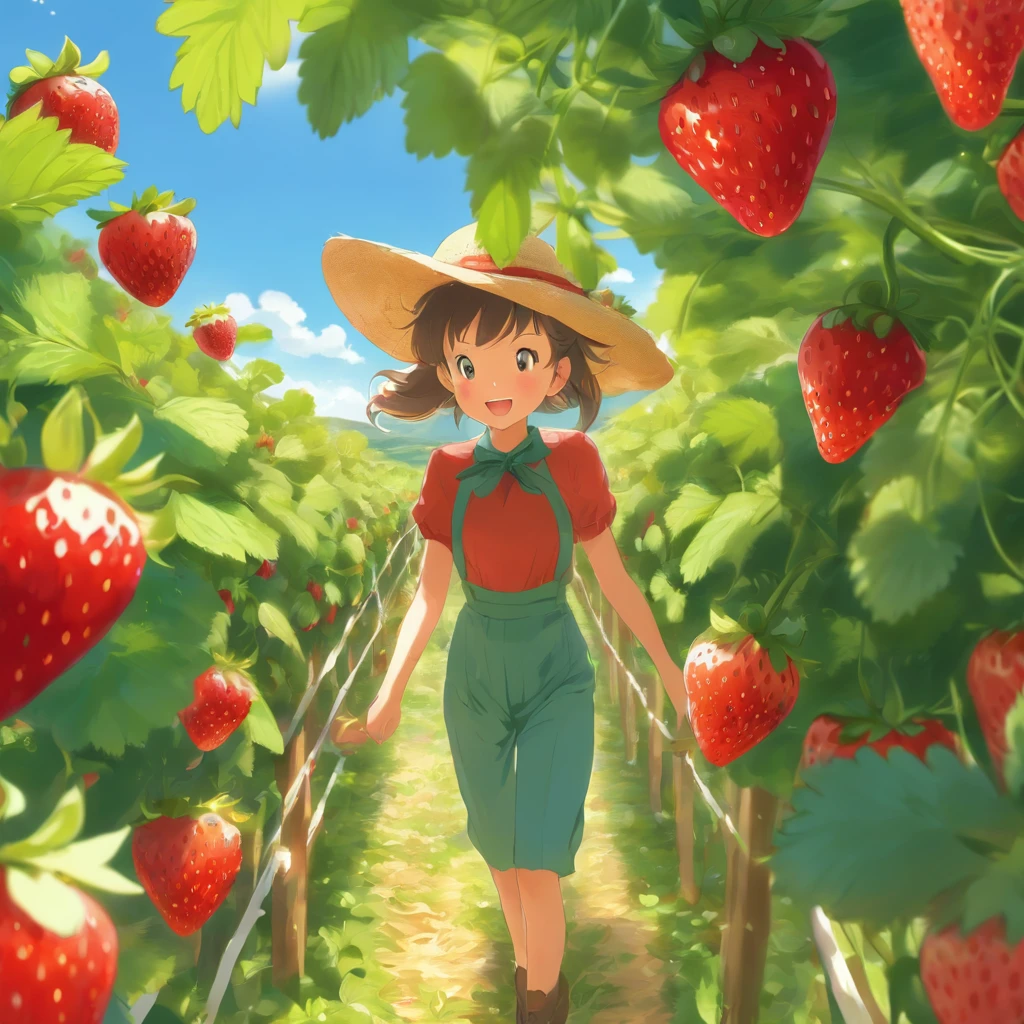 (detailed, realistic, illustration:1.2),vibrant colors, strawberry farm, juicy strawberries, lush green plants, sunny day, farmers picking fruits, straw hat, cheerful atmosphere, clear blue sky, thriving crops, rustic wooden fences, endless rows of strawberries, bountiful harvest, mouth-watering berries, winding pathways, peaceful countryside, refreshing breeze, summertime ambiance, abundance and freshness