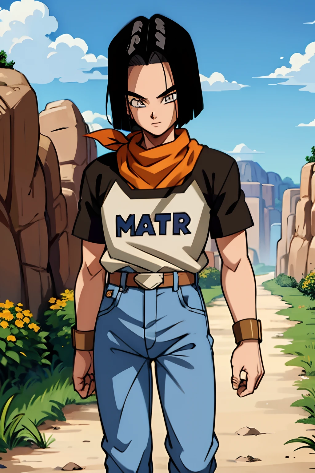 (8k, best quality, master part:1.2),blue skies,Fields of rocky grasses,1st grade,Android 17, (camisa preta), bandana laranja, jeans,faixa marrom,camisa em camadas,mangas brancas,cabelos pretos, olhos azuis, parted hair,mancha vermelha, short hair,parte superior do corpo, sorriso maligno, Olhando para o Viewer