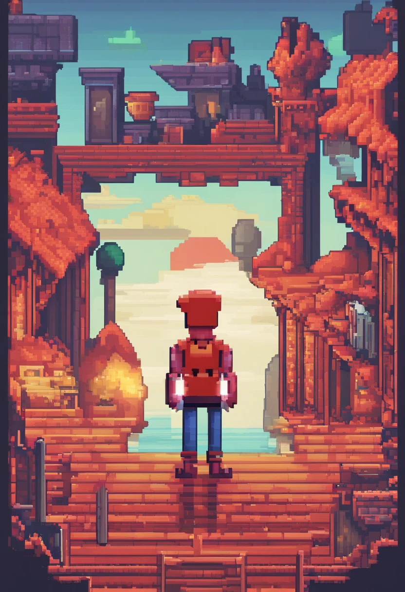 Mundo del juego. Noche. Fondo de pantalla 3D Pixel Art 4K. Incredible pixel art details. pixel-art. Pixel Art detallado de Unreal Engine del juego Terraria. Personaje Hombre vestido de rojo con un cartel en su mano que diga PROPIEDAD DE ALEXX