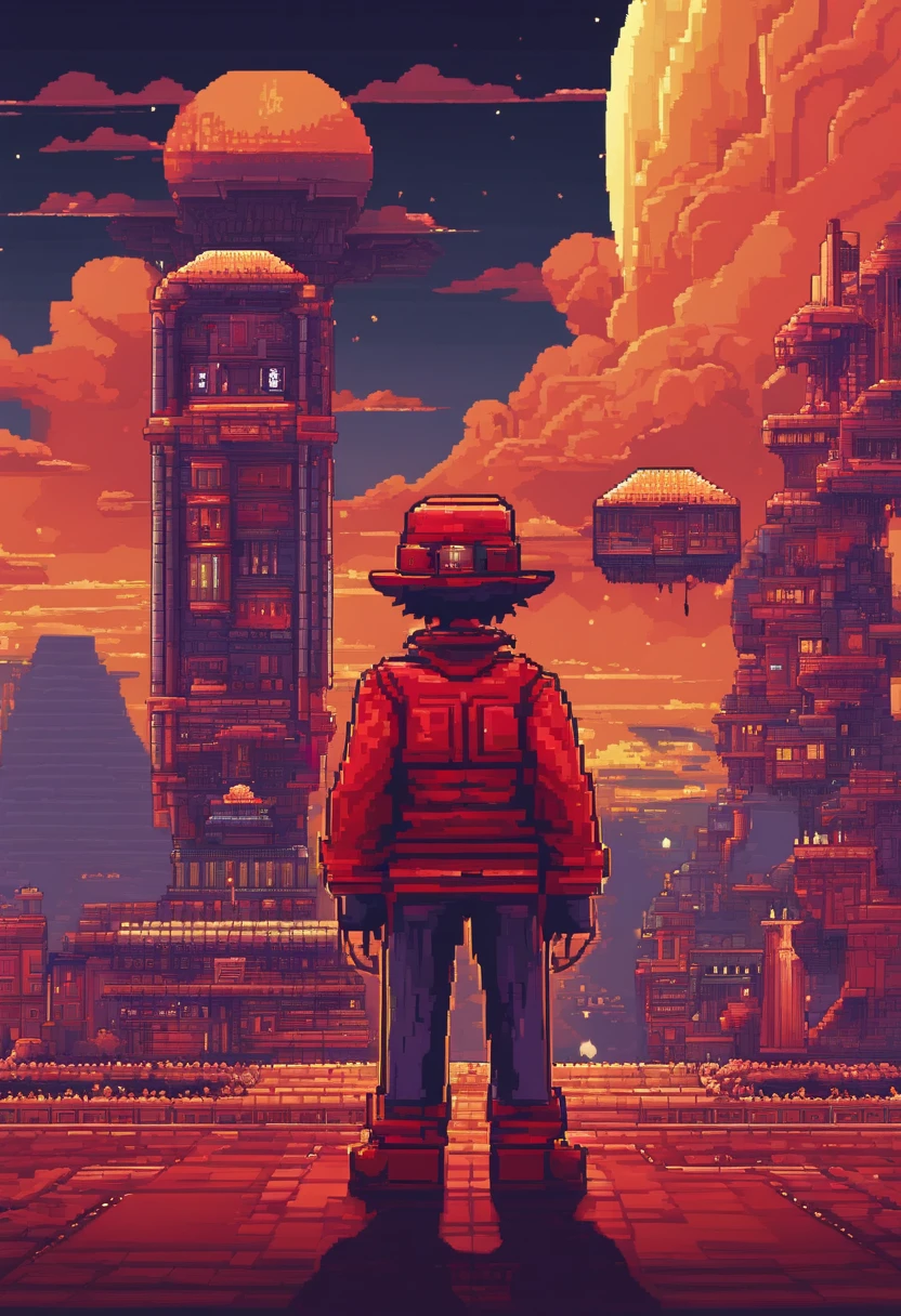 Mundo del juego. Noche. Fondo de pantalla 3D Pixel Art 4K. Incredible pixel art details. pixel-art. Pixel Art detallado de Unreal Engine del juego Terraria. Personaje Hombre vestido de rojo con un cartel en su mano que diga PROPIEDAD DE ALEXX