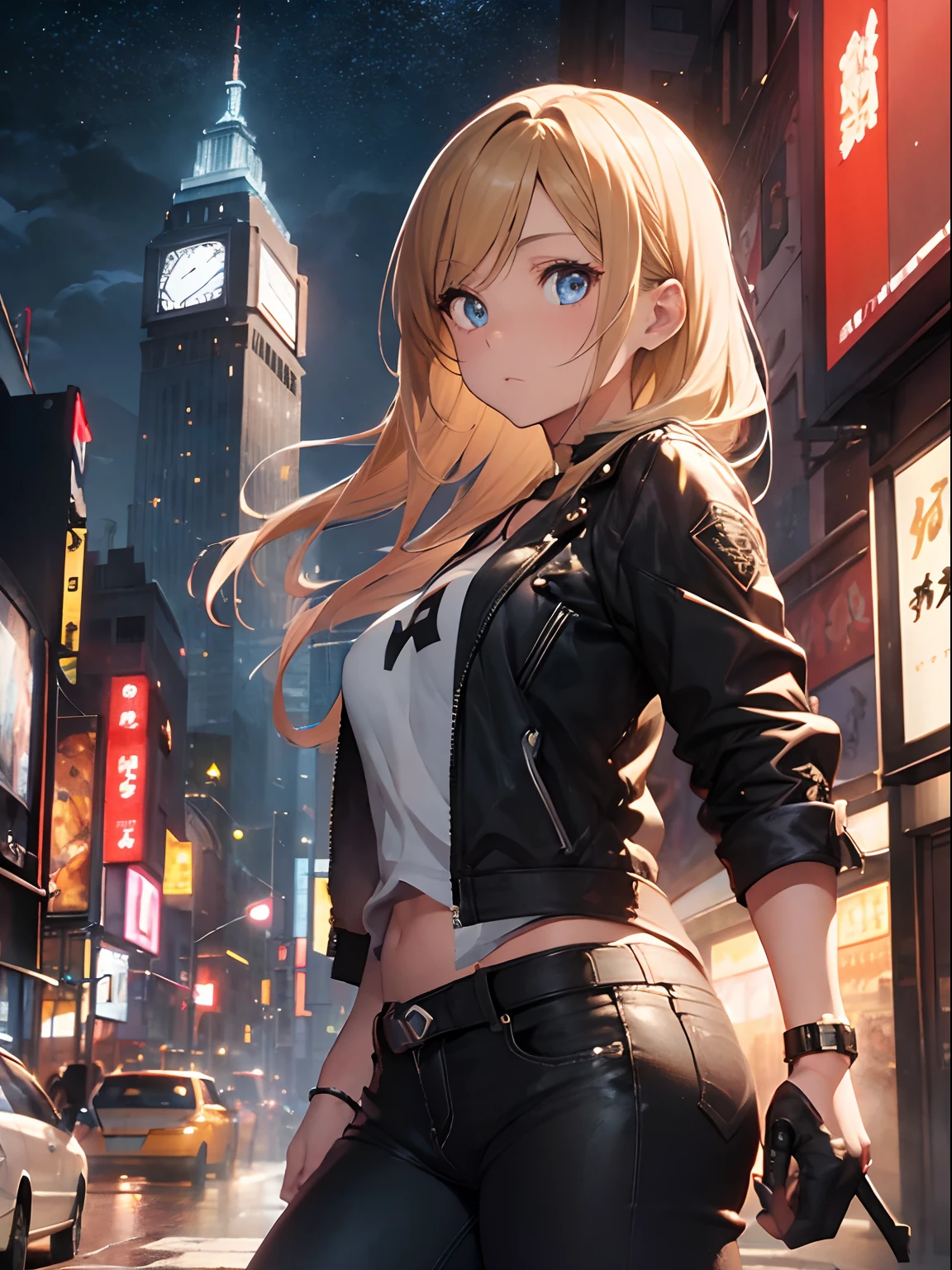 One girl,(Aya Brea), 23 years old girl, blondie hair, blue eyes, beatiful face, jeans, black boots, white T-shirt, black jacket, pistol, New York city, oil on canevas, brushstrokes, Smooth, Ultra high definition, 8K, unreal enginee 5, Ultra Sharp Focus,, ArtGerm, Roisch, nfsw, intricate artwork masterpieces, sinister, matte painting movie poster, Golden ratio, Trending on CGSociety, Convoluted, epicd, Trending on ArtStation, Highly detailed, Vibrant, production cinematic character render, Ultra high quality model