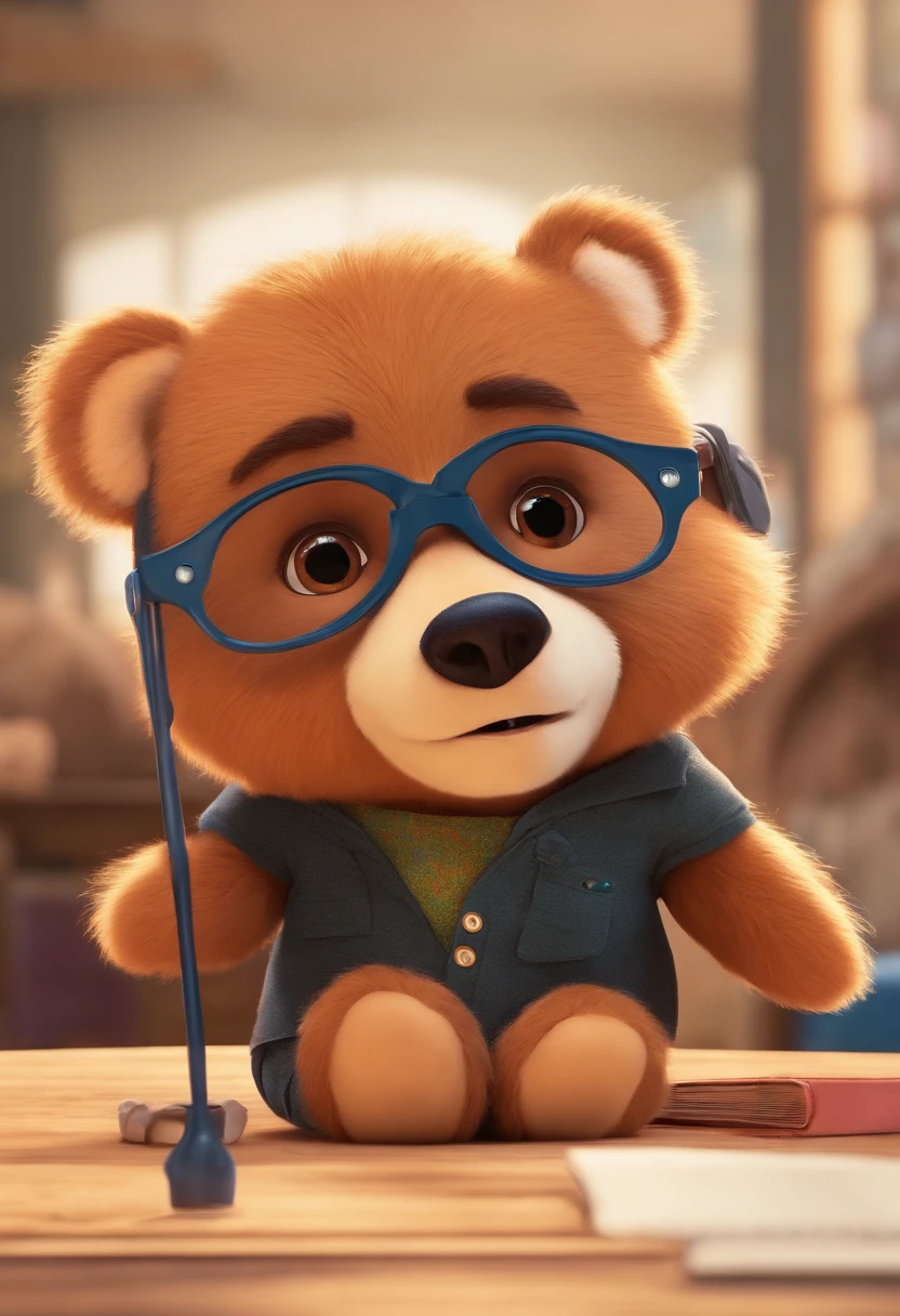 Menino estilo desenho animado, Pixar, wearing round glasses, segurando um urso de pelucia, roupa de escoteiro,