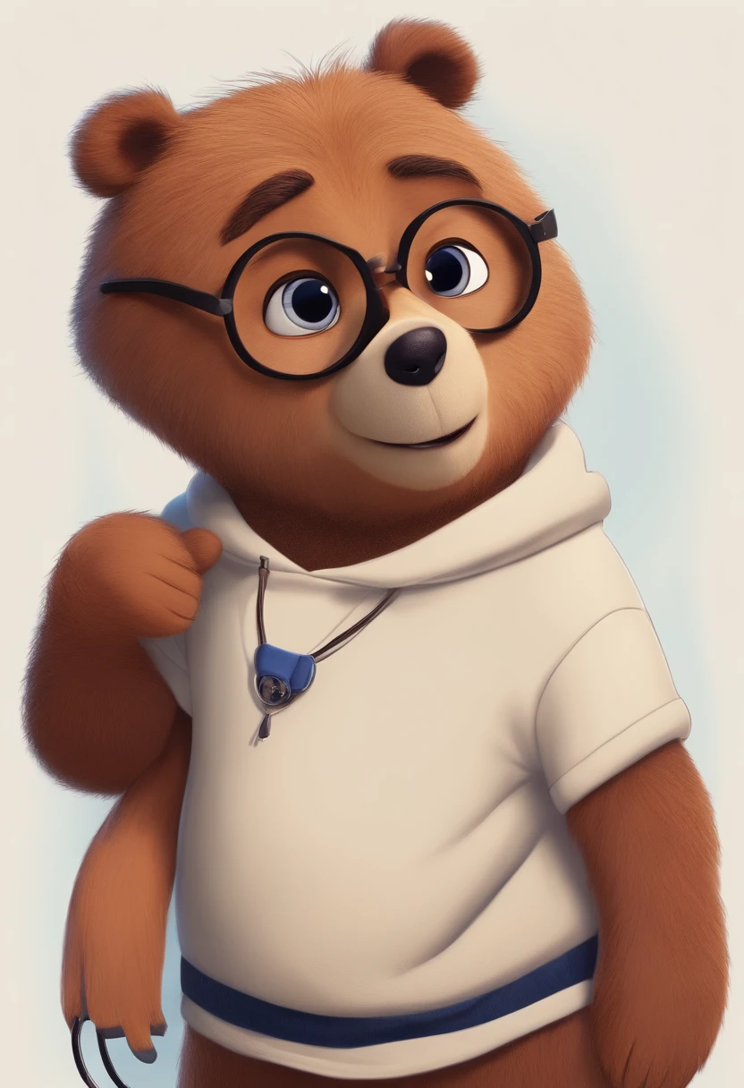 estilo desenho animado, Pixar, wearing round glasses, segurando um urso de pelucia, roupa de escoteiro,