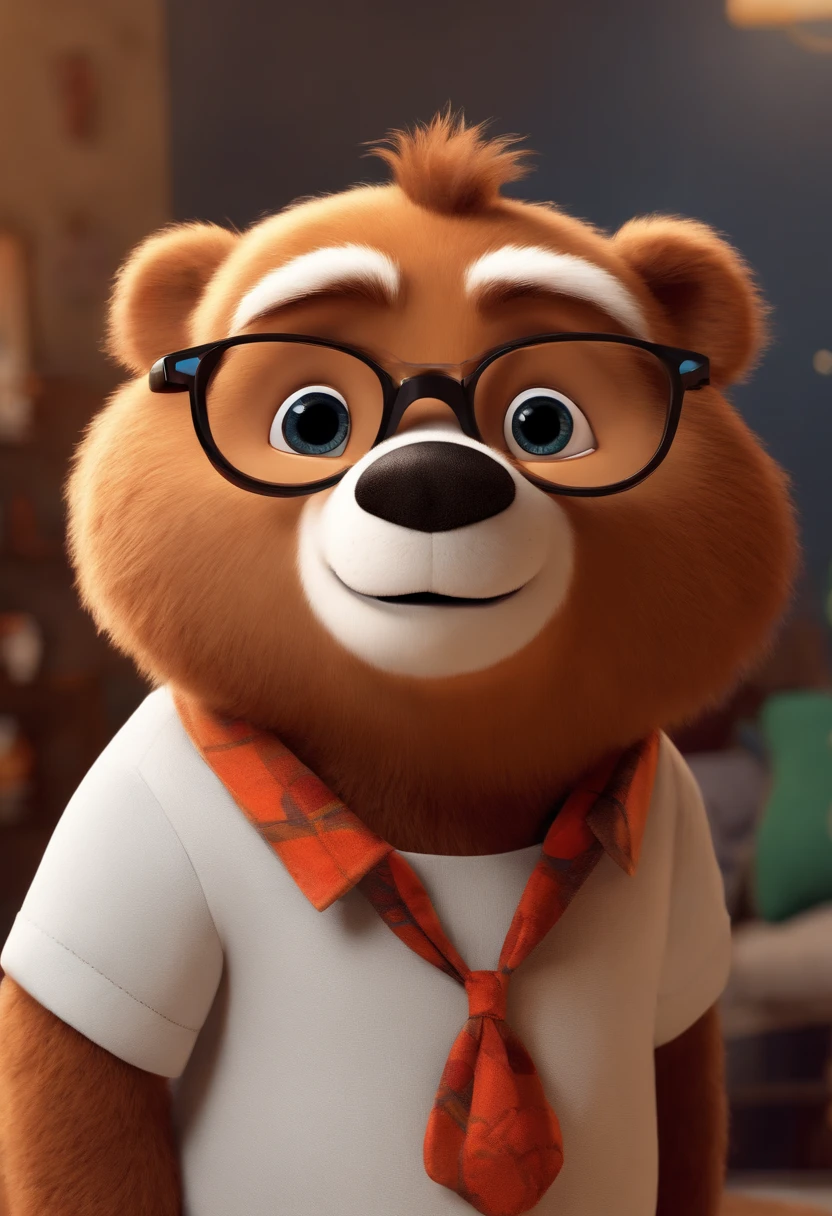 estilo desenho animado, Pixar, wearing round glasses, segurando um urso de pelucia, roupa de escoteiro,
